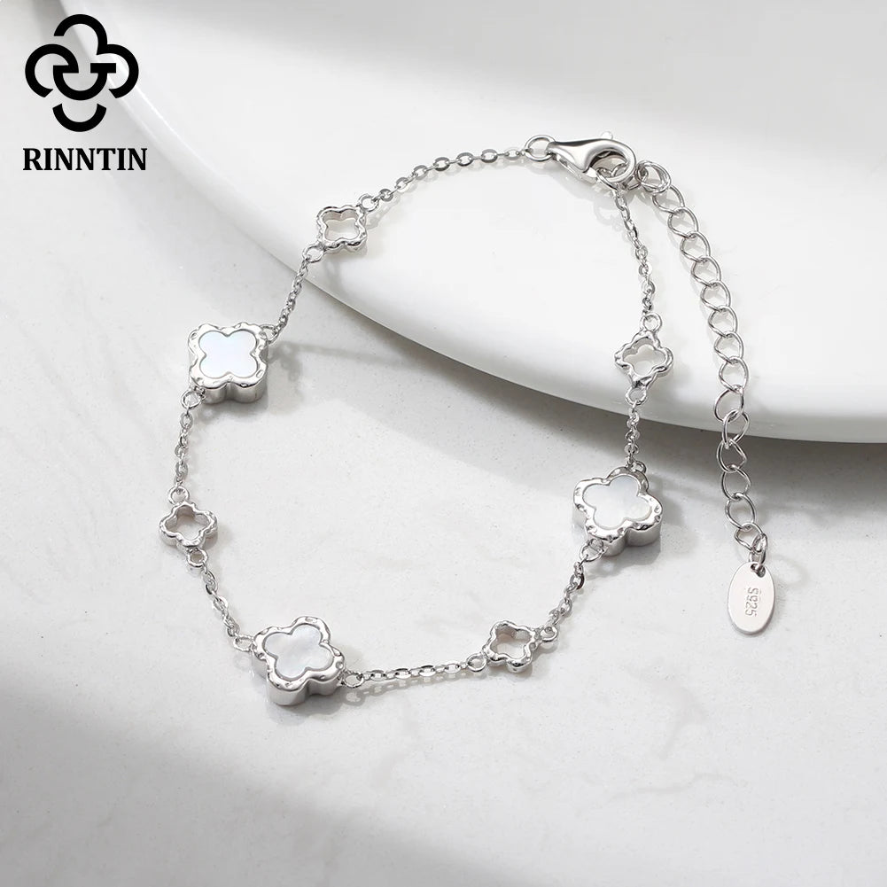 Rinntin Classic 925 Silver Four Leaf Clover Bracelet Hollow Clover Shaped Fashion for Women Girls Bracelet Birthday Gift GMB68