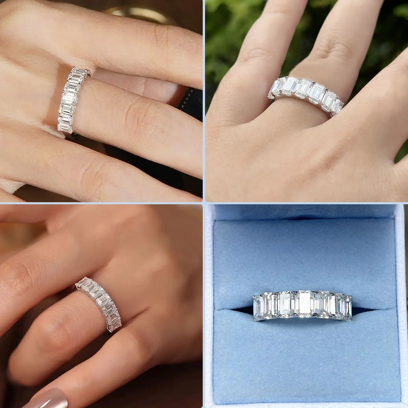 Newshe Certified Moissanite Bands for Women 925 Sterling Silver Half Eternity Emerald Cut Wedding Ring D Color VVS1 Fine Jewelry
