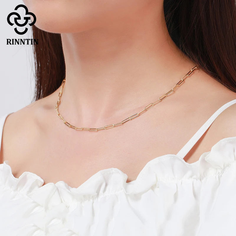 Rinntin Diamond Cut Paper Clip Necklace S925 Sterling Silver 14K 18K Gold Plated Stacked Necklaces PaperClip Collar Chain SC39