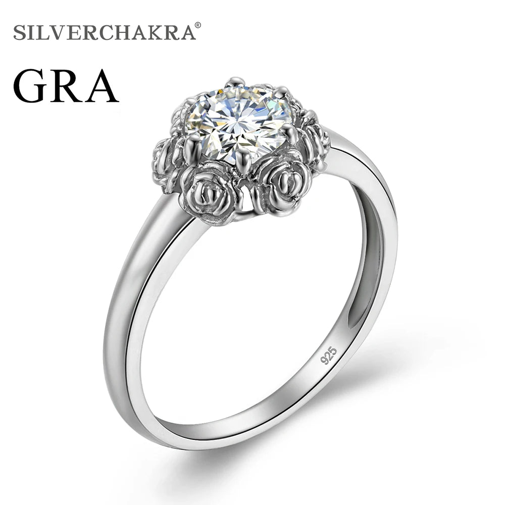14K White Gold Color Rose Flower Rings Moissanite Diamond Band Ring for Woman Sterling Silver Original Certified Fine Jewelry