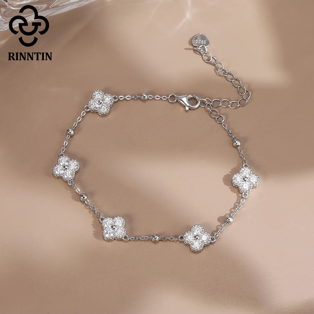 Rinntin 925 Sterling Silver Dainty Clover Bracelet Certified D Color Moissanite Bracelet Women Jewelry Flower Chain Gift SMOB04