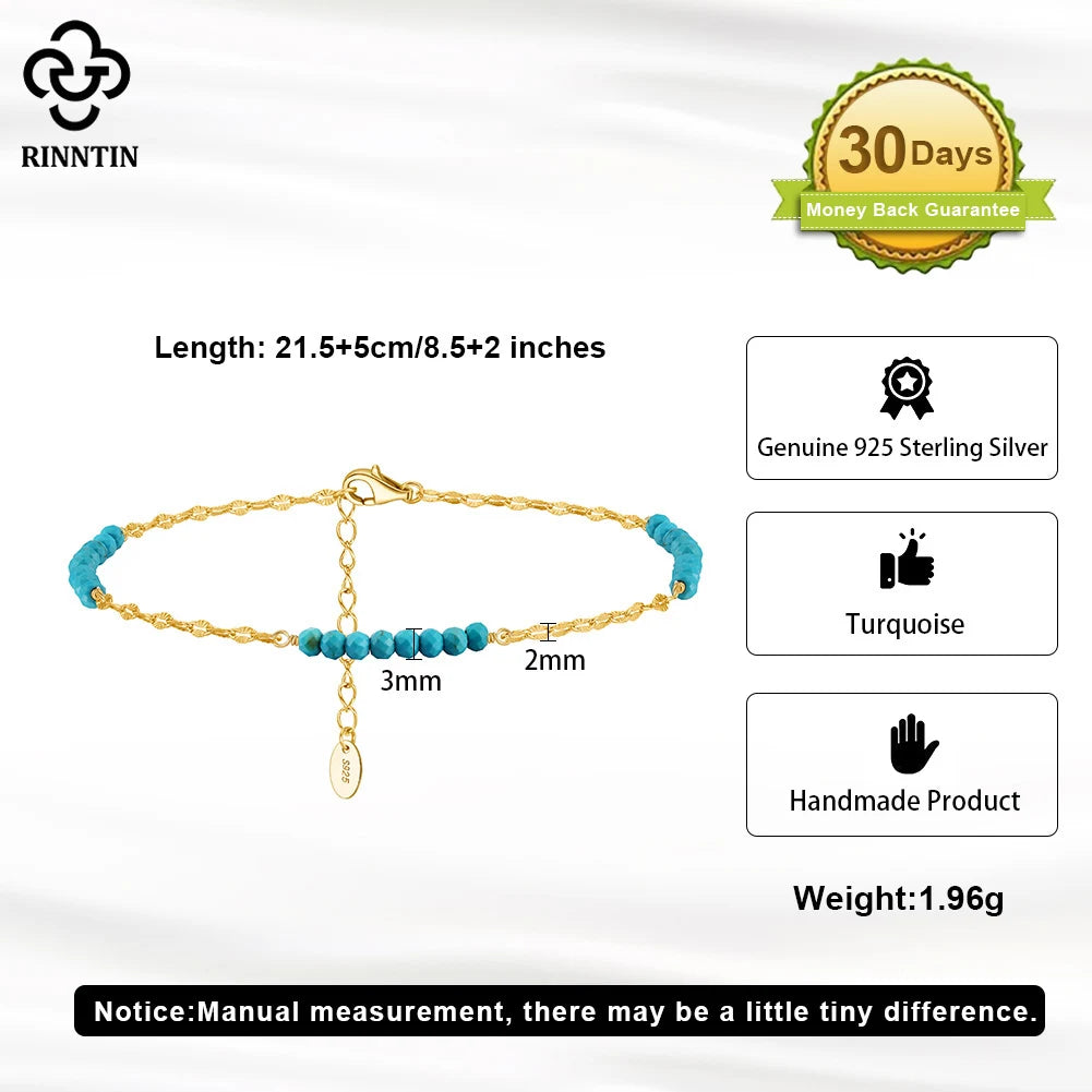 Rinntin 925 Sterling Silver Natural Turquoise Anklet with Butterfly Chain for Women Dainty Vintage Straps Jewelry SA85
