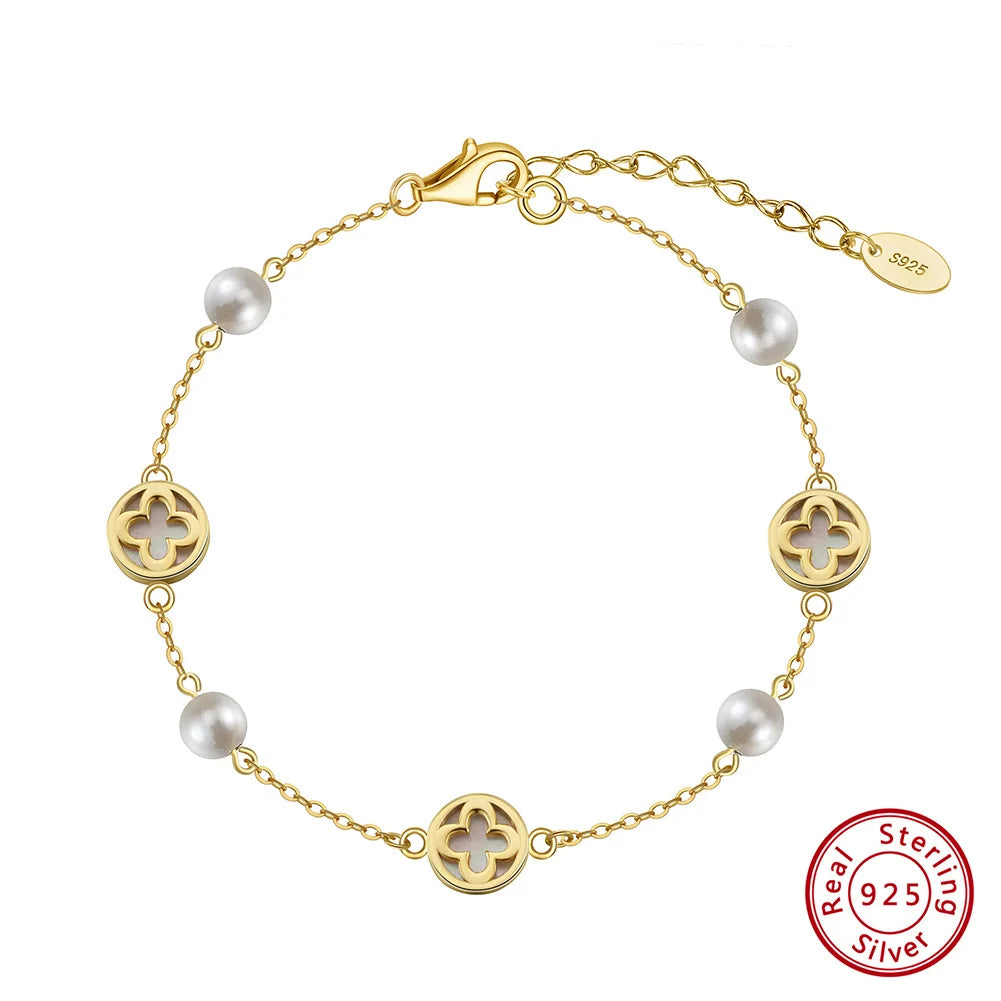 Rinntin 925 Sterling Silver Shell 14K Gold Four Leaf Clover Bracelet Waterproof Flower Bracelets Jewelry for Women Girls Gift