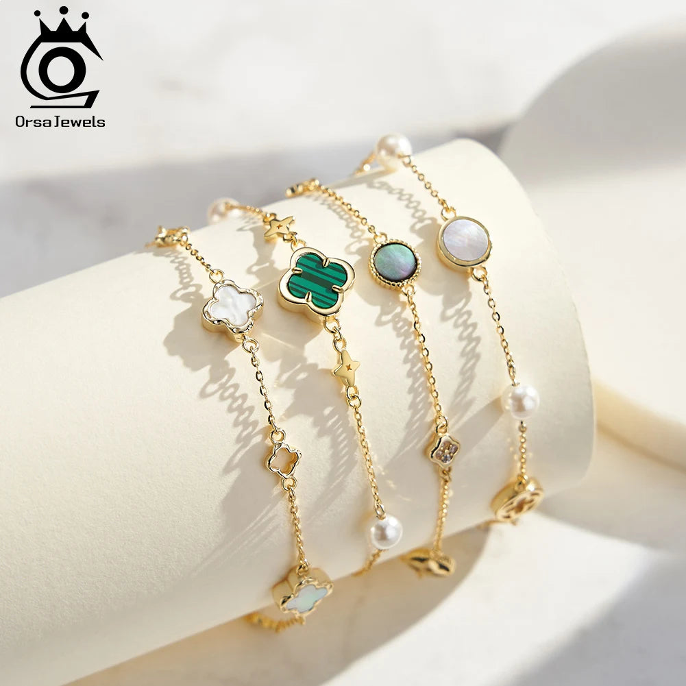 Rinntin 925 Sterling Silver Shell 14K Gold Four Leaf Clover Bracelet Waterproof Flower Bracelets Jewelry for Women Girls Gift