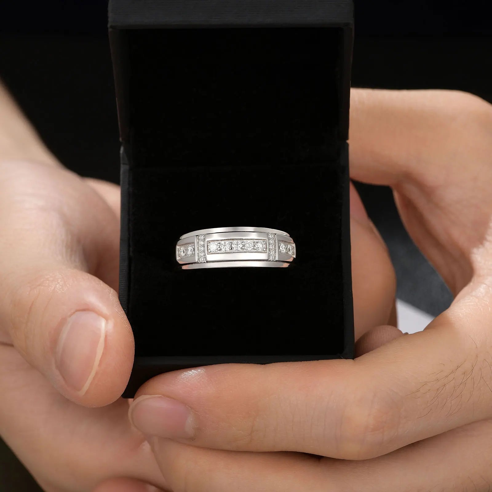 Newshe Elegant Men's Moissanite Rings GRA Certified Wedding Band 925 Sterling Silver Half Eternity Round Engagement Ring