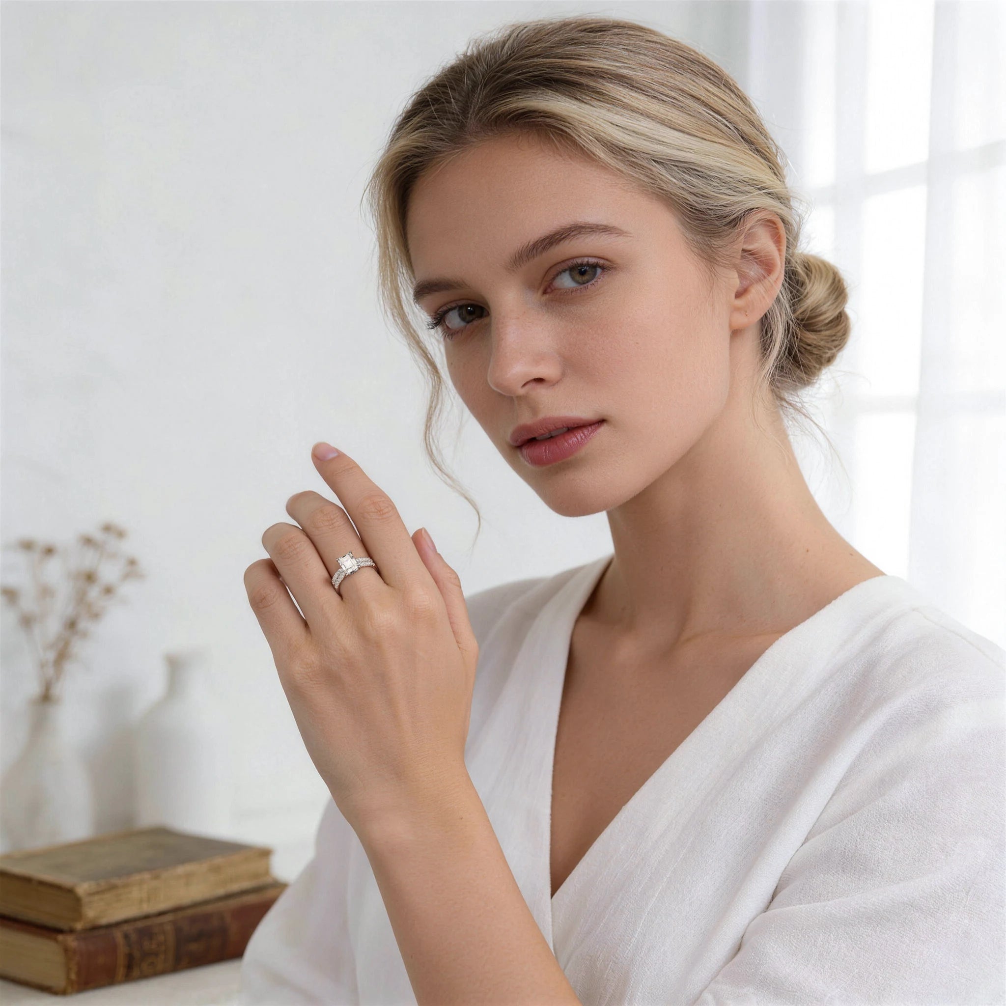Newshe GRA Certified Moissanite Rings Set for Women D color VVS1 Emerald Cut White Gold Plated Engagement Ring Wedding Band