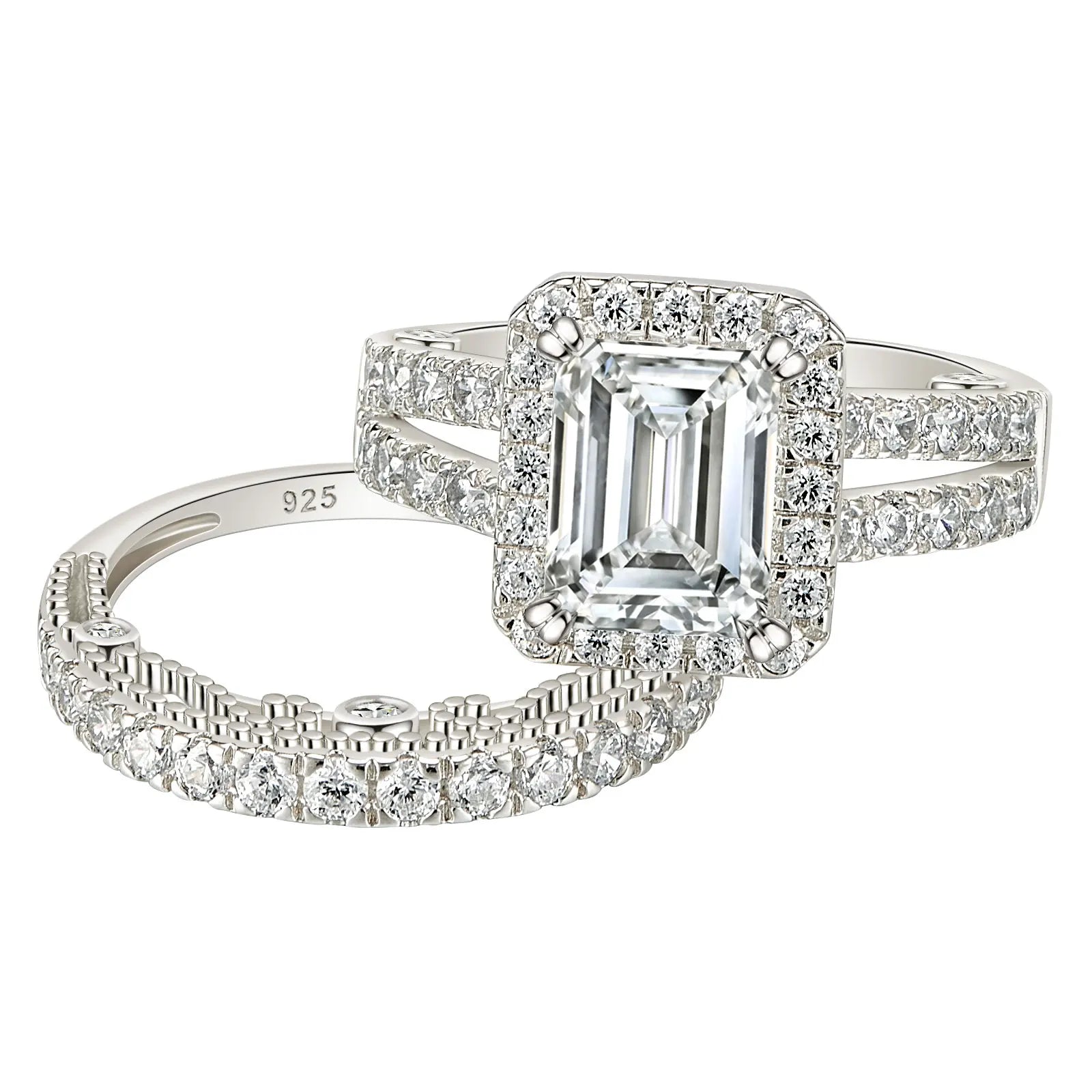 Newshe 925 Sterling Silver Vintage Emerald Cut AAAAA Cubic Zircon Wedding Engagement Rings for Women Bridal Set Fine Jewelry