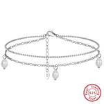 Rinntin Classic 925 Sterling Silver Freshwater Pearl Pendant Anklet Double Chain Trendy Summer Beach Anti Allergic Jewelry SA41