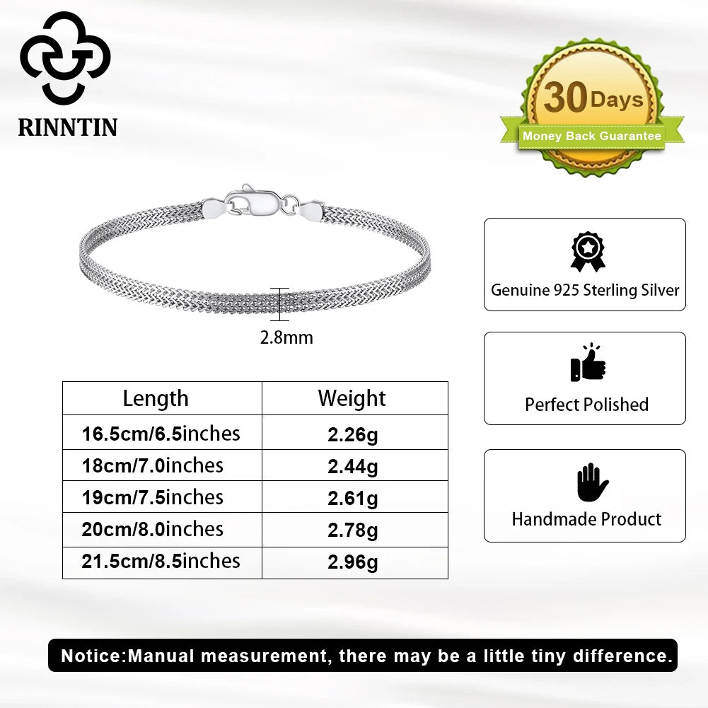 Rinntin 925 Sterling Silver 2.8mm Flat Mesh Chain Bracelets Hight-Quality Bangle Chain Simple Women Men Daily Accessories SB216