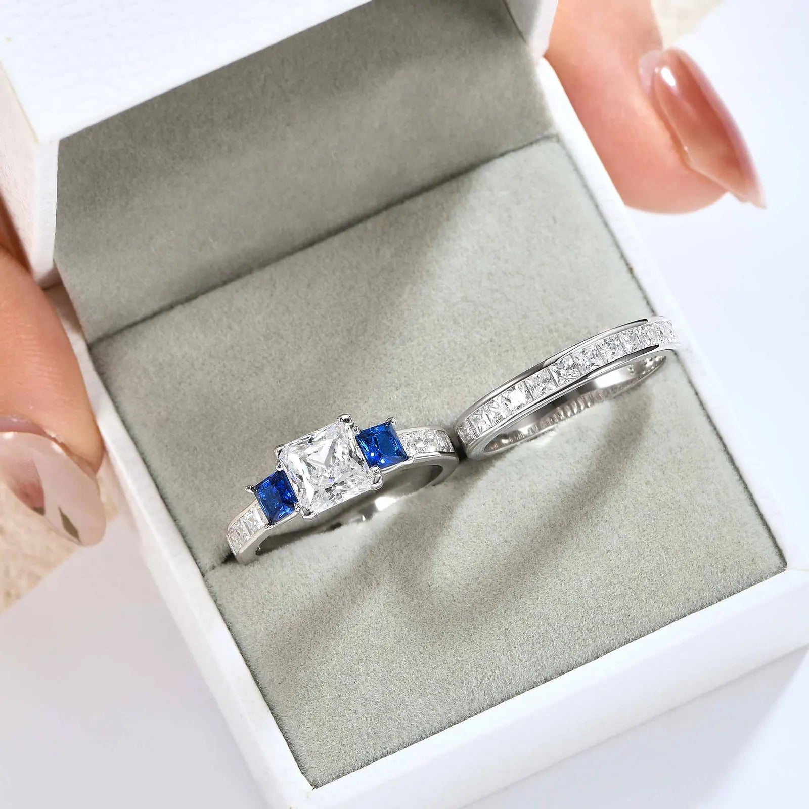 Newshe 925 Sterling Silver Rings Set for Women Three Princess Cut White Blue AAAAA Zircons Luxury Engagement Wedding Jewelry