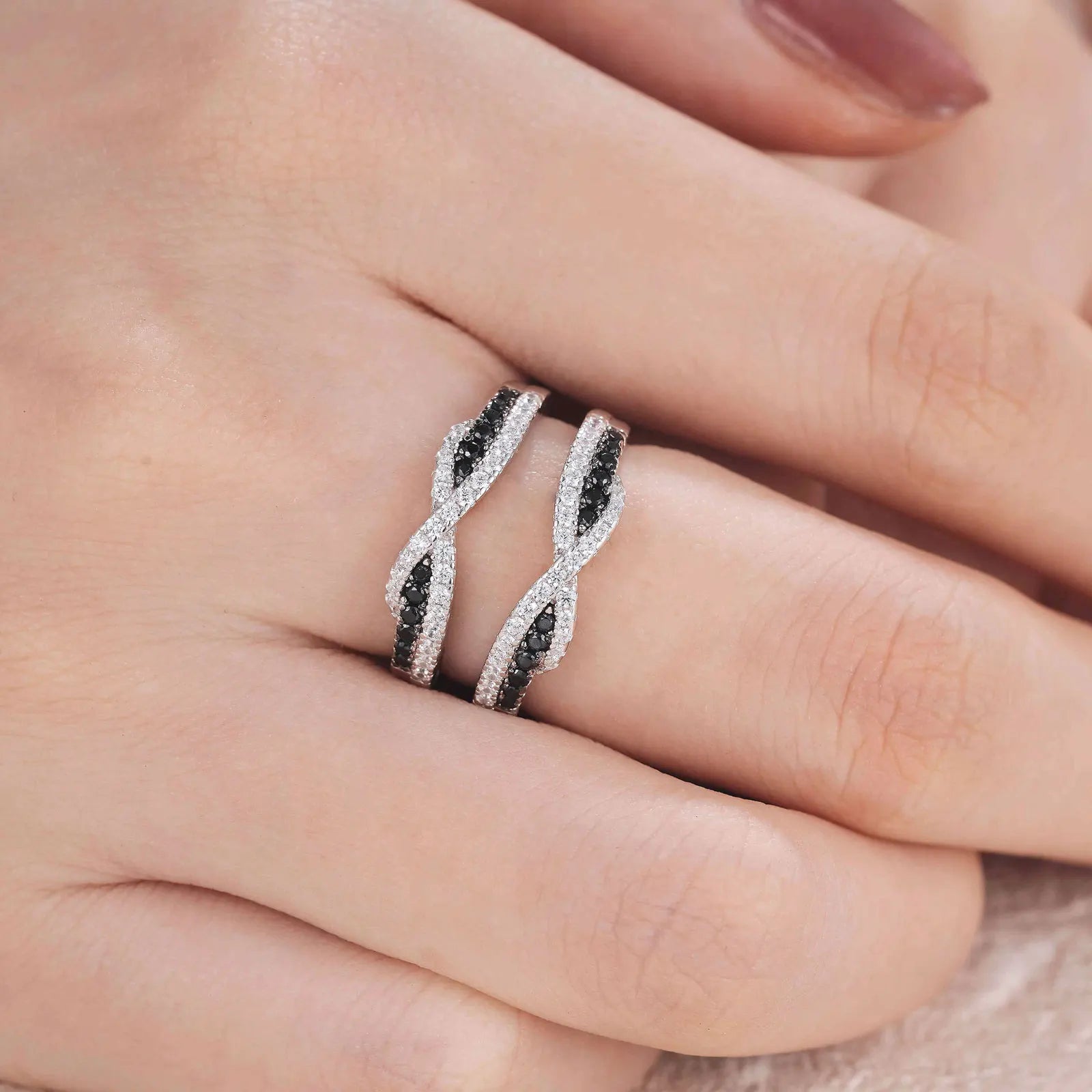 Newshe 925 Sterling Silver Black Blue White 5A Grade Cubic Zircon Wedding Ring Enhancer for Women Twist Rope Design Fine Jewelry