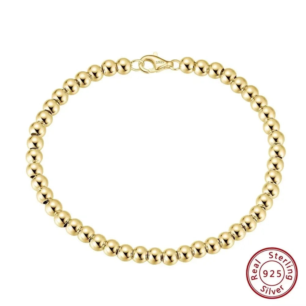 Rinntin 925 Sterling Silver 4mm Bead Ball Strand Chain Bracelet for Women Men Trendy Handmade Bracelets on Hand Jewelry  SB103