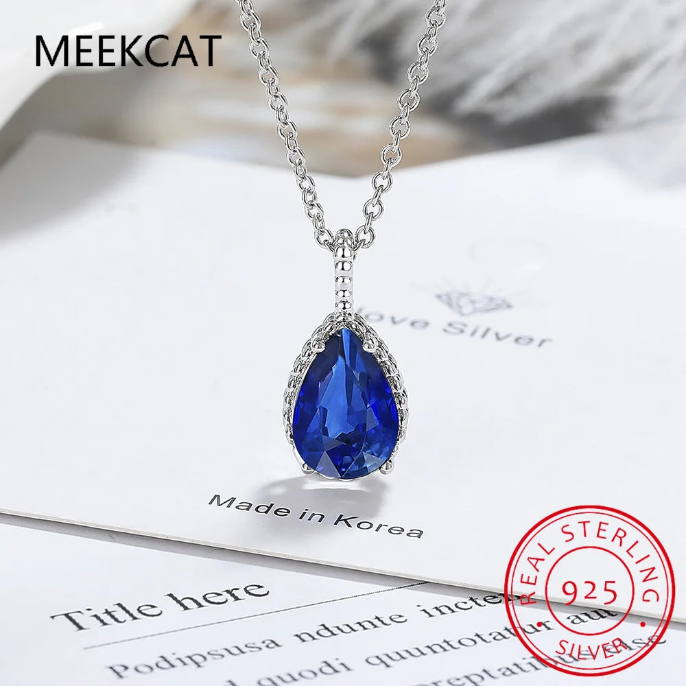 Pear Cut Created Blue Sapphire 925 Sterling Silver Water Drop Pendant Necklace Fashion Gemstone Jewelry For Women Party Gift