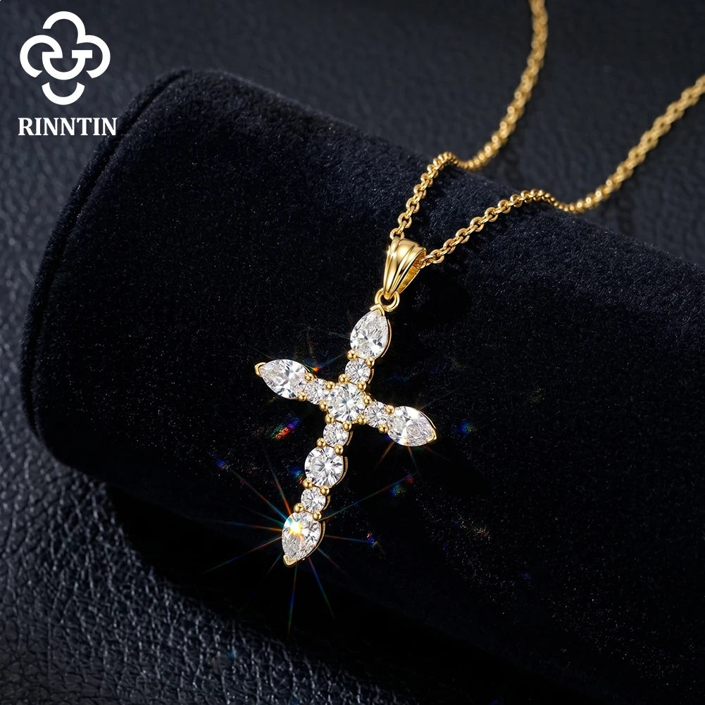 Rinntin Real Moissanite Diamond Cross Pendant 925 Sterling Silver Necklace Party Choker Chain Fine Jewelry Accessories MON16