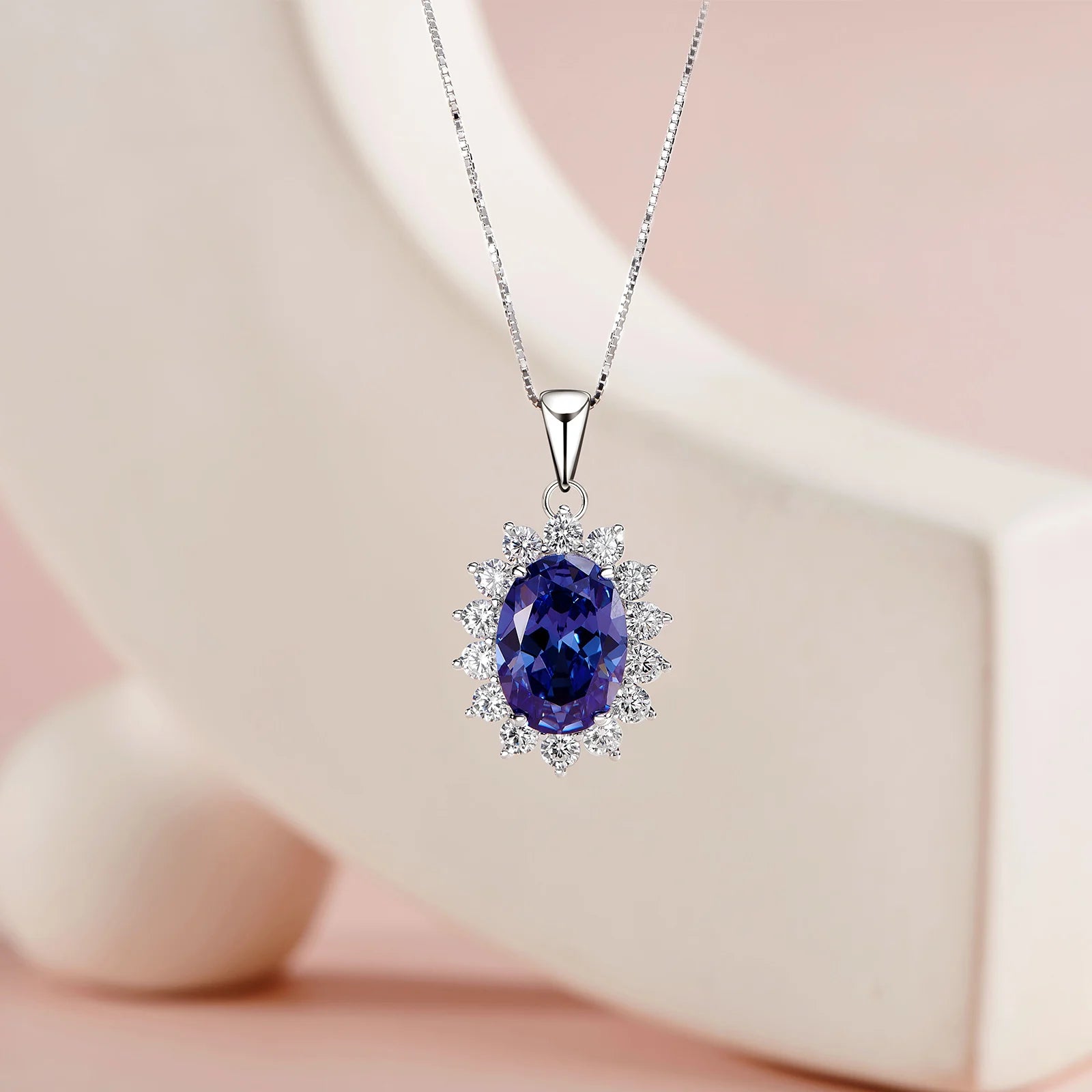 Newshe 6.4 Ct Oval Shape Blue AAAAA Zircon Pendant Solid 925 Sterling Silver 18 Inches Chain Necklace for Women