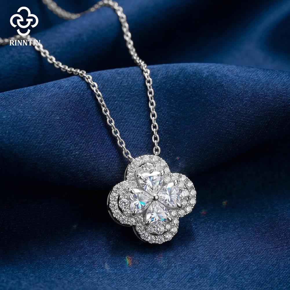Rinntin Moissanite Diamond Clover Pendant Shiny 925 Sterling Silver Chain Necklace Party Choker Fine Jewelry Accessories MON17