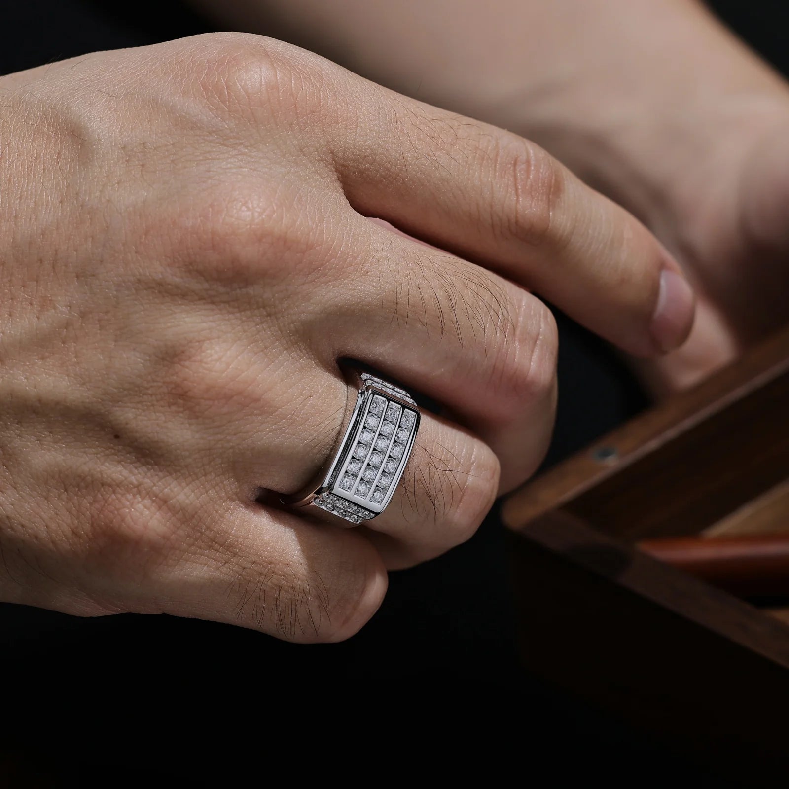 Newshe Men's Certified Moissanite Wedding Band 925 Sterling Silver Paved Statement Ring for Gentlemen