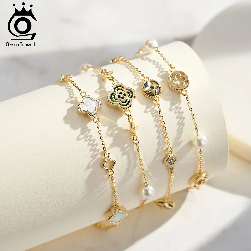 Rinntin 925 Sterling Silver Shell 14K Gold Four Leaf Clover Bracelet Waterproof Flower Bracelets Jewelry for Women Girls Gift