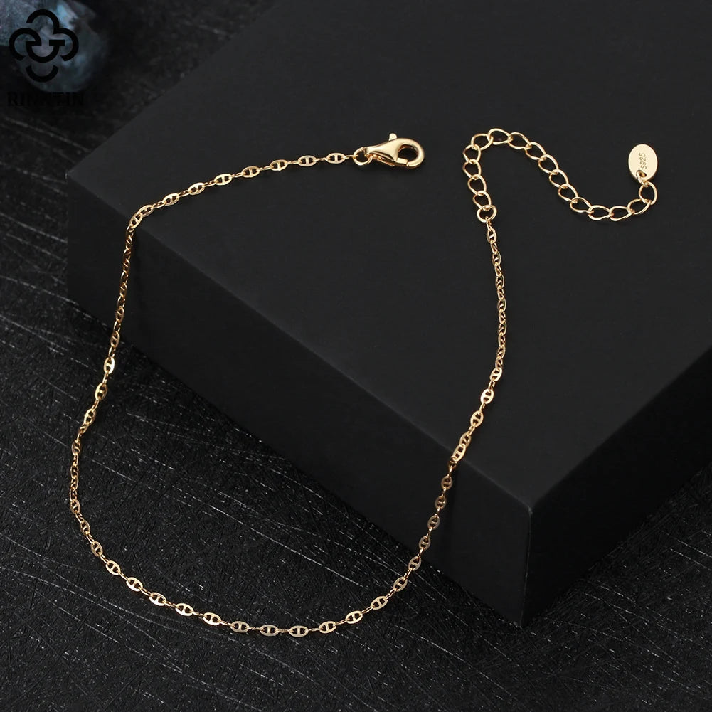 Rinntin 925 Sterling Silver 1.5mm Mariner Chain Anklets Fashion Women Summer 14K Gold Foot Bracelet Ankle Straps Jewelry SA24