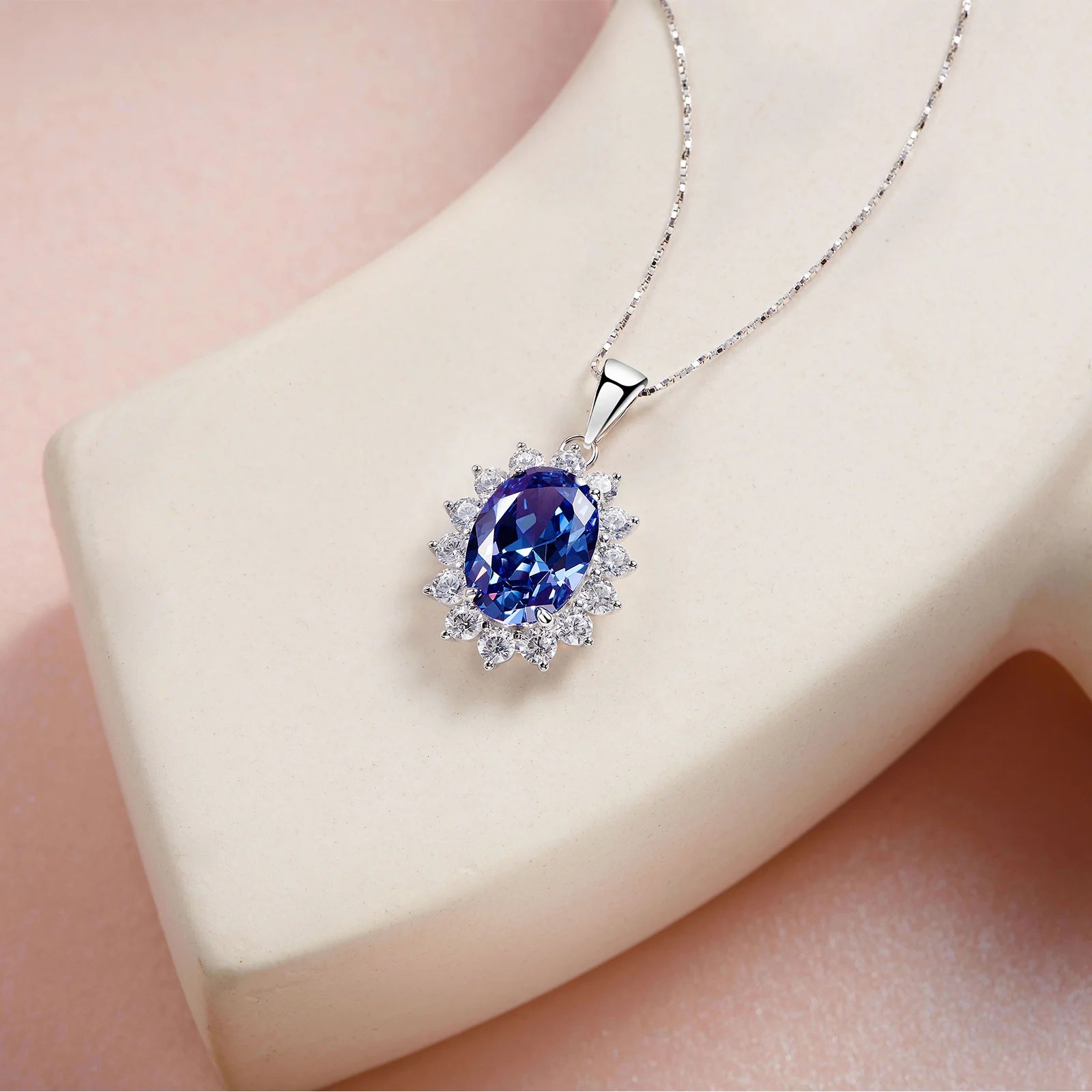 Newshe 6.4 Ct Oval Shape Blue AAAAA Zircon Pendant Solid 925 Sterling Silver 18 Inches Chain Necklace for Women