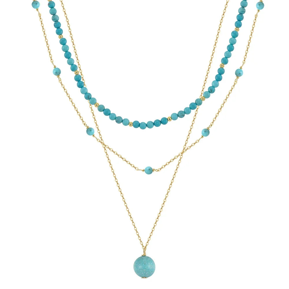 Rinntin 925 Sterling Silver Boho Layered Choker Necklace with Natural Turquoise for Women Summer Sexy Jewelry Accessorry BQN33