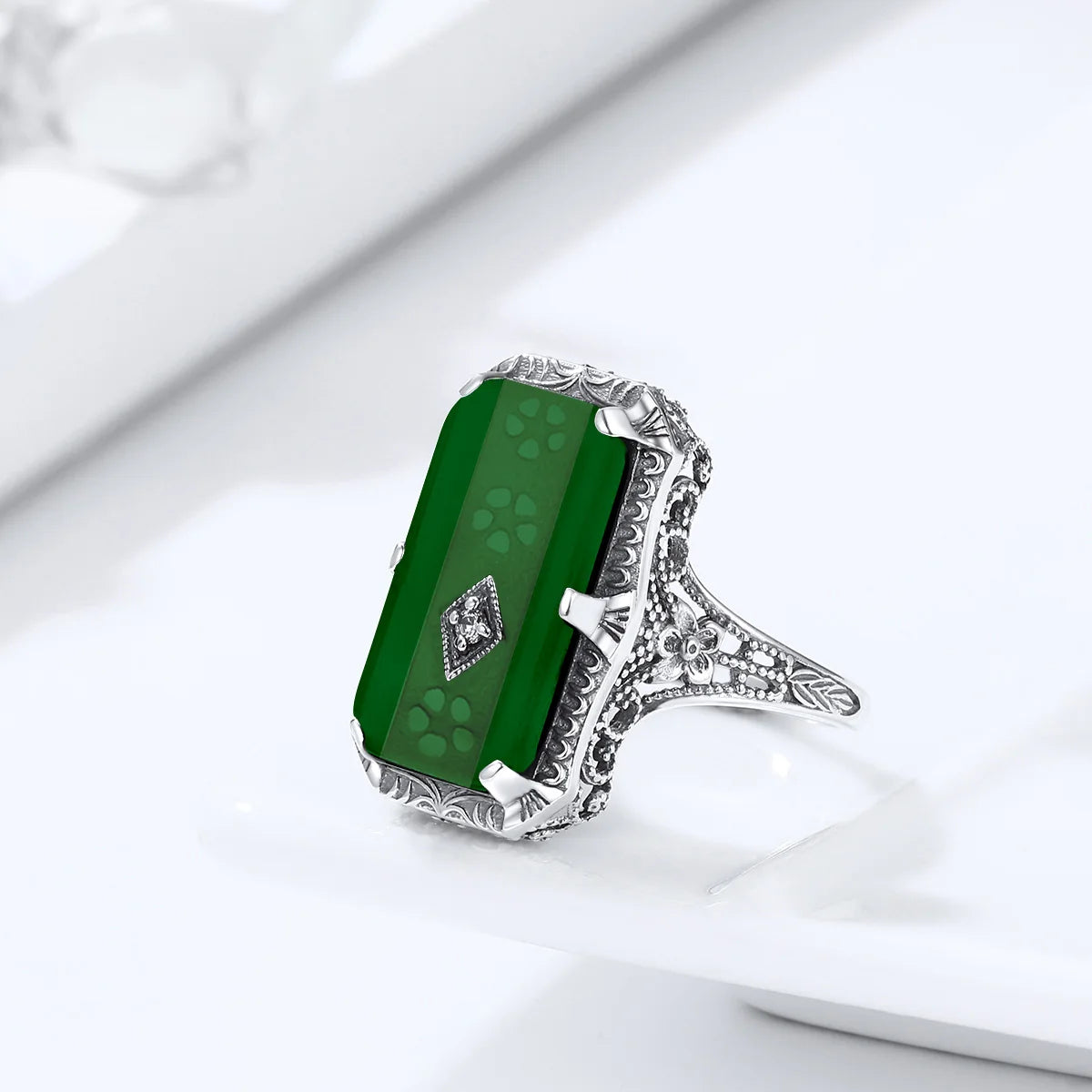 Unique 925 Sterling Silver Ring for Woman Simulated Emerald Vintage Filigree Persian Design Femal Elegant Rings Hand Made