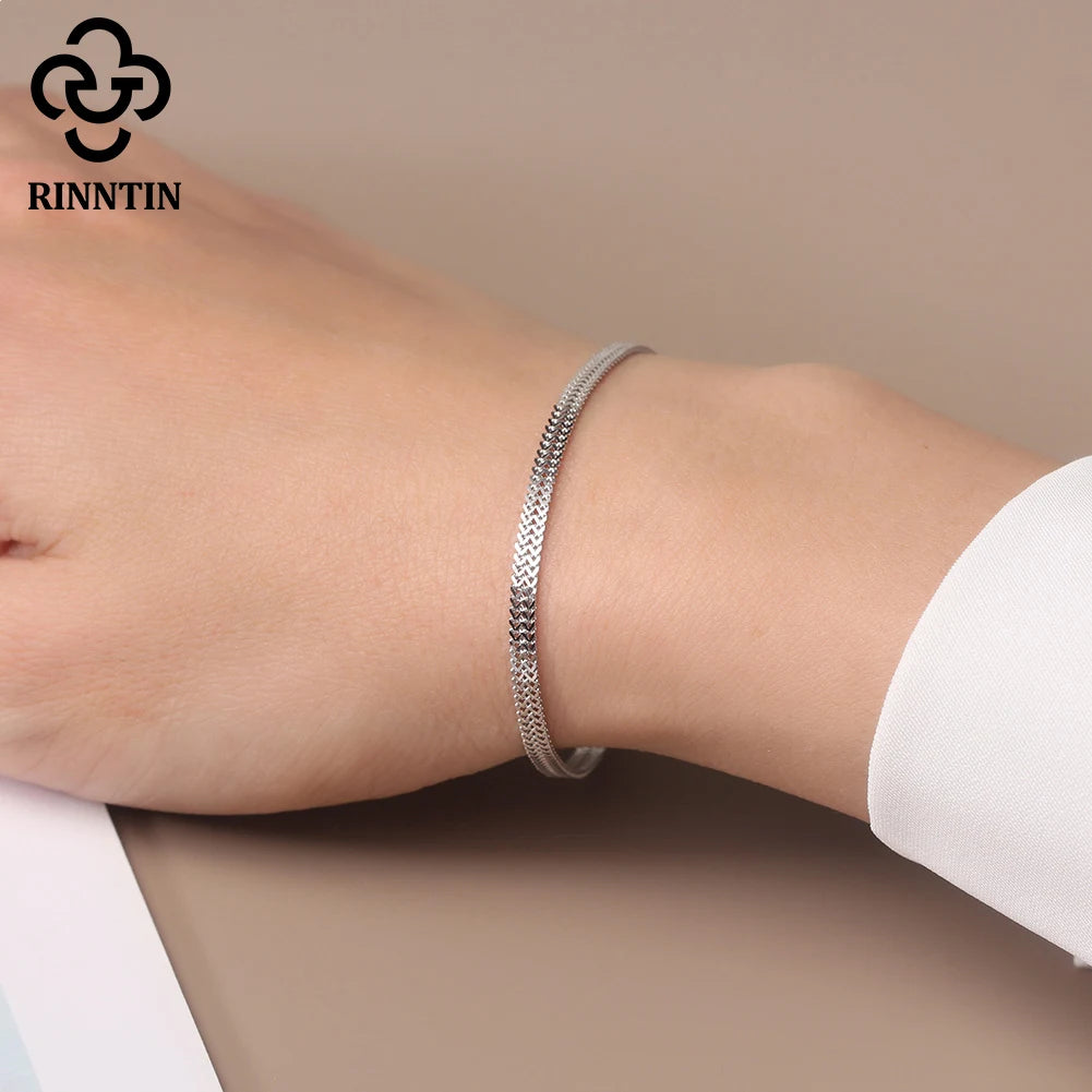 Rinntin 925 Sterling Silver 2.8mm Flat Mesh Chain Bracelets Hight-Quality Bangle Chain Simple Women Men Daily Accessories SB216