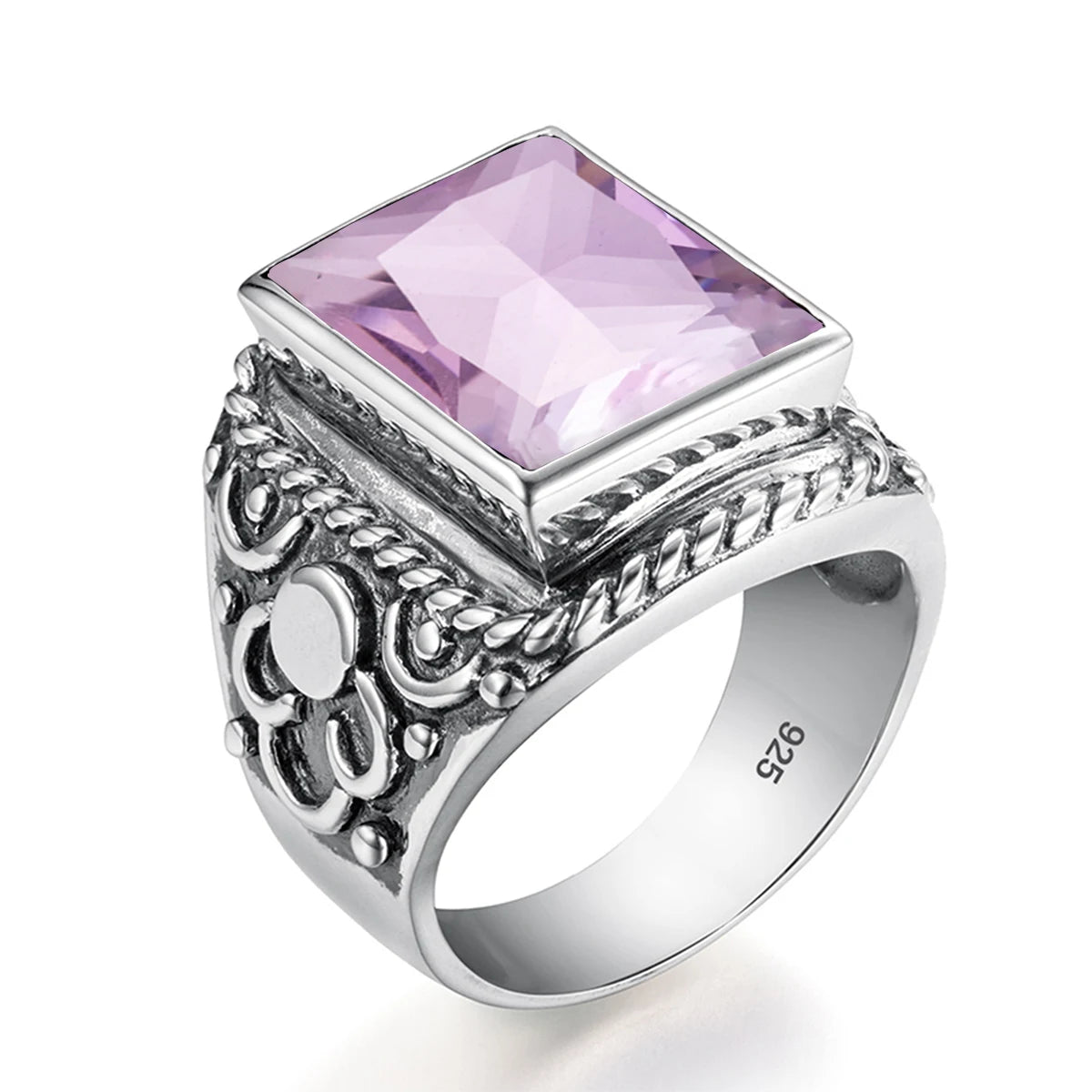 Massive 925 Sterling Silver Thick Men's Rings Amethyst Vintage Art Deco Revival Vintage Male Jewelry Party Gift For Husband