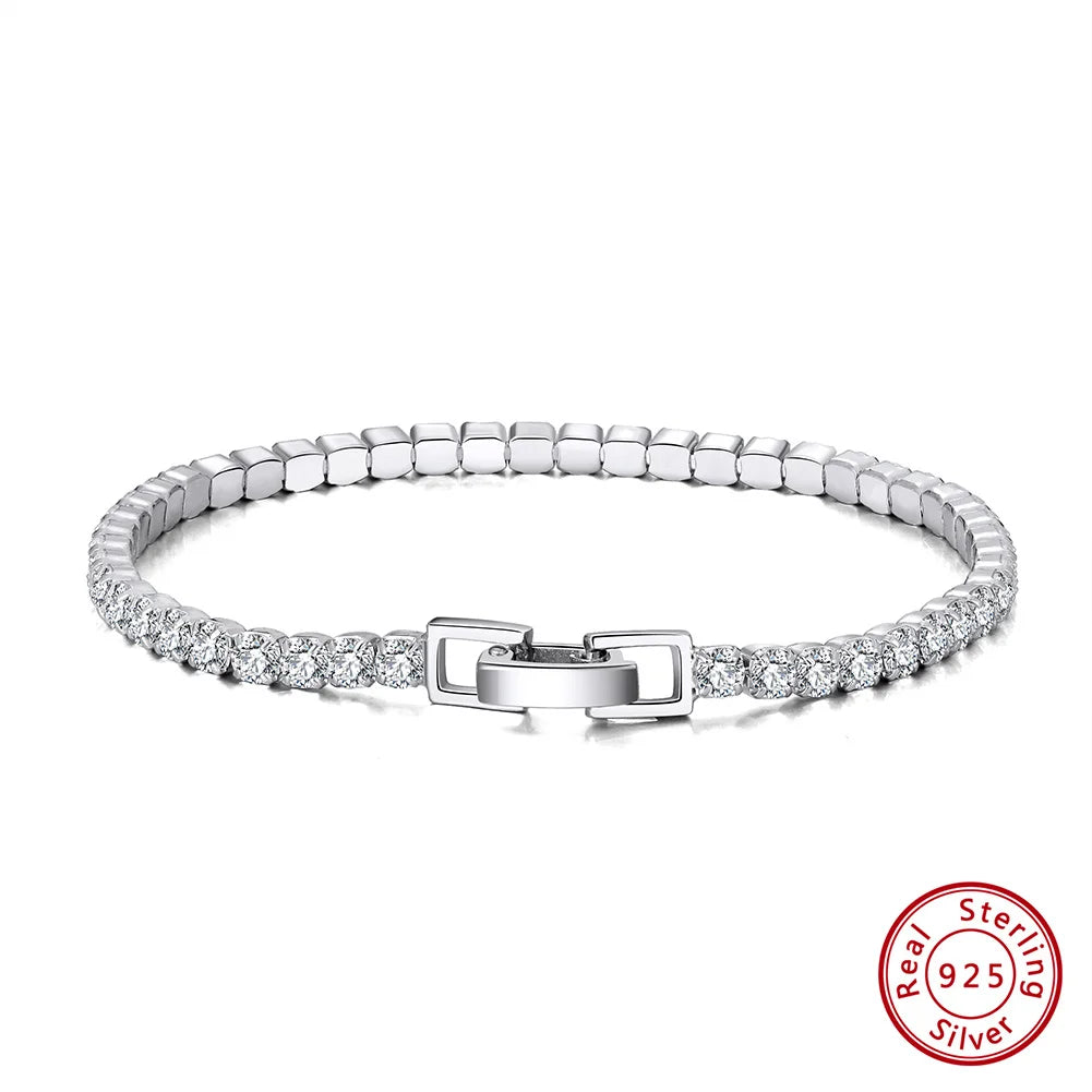 Rinntin Luxury Real 925 Sterling Silver Tennis Bracelet Women with AAAA Zircon Female Bangle Party Wedding Jewelry Gifts SB91