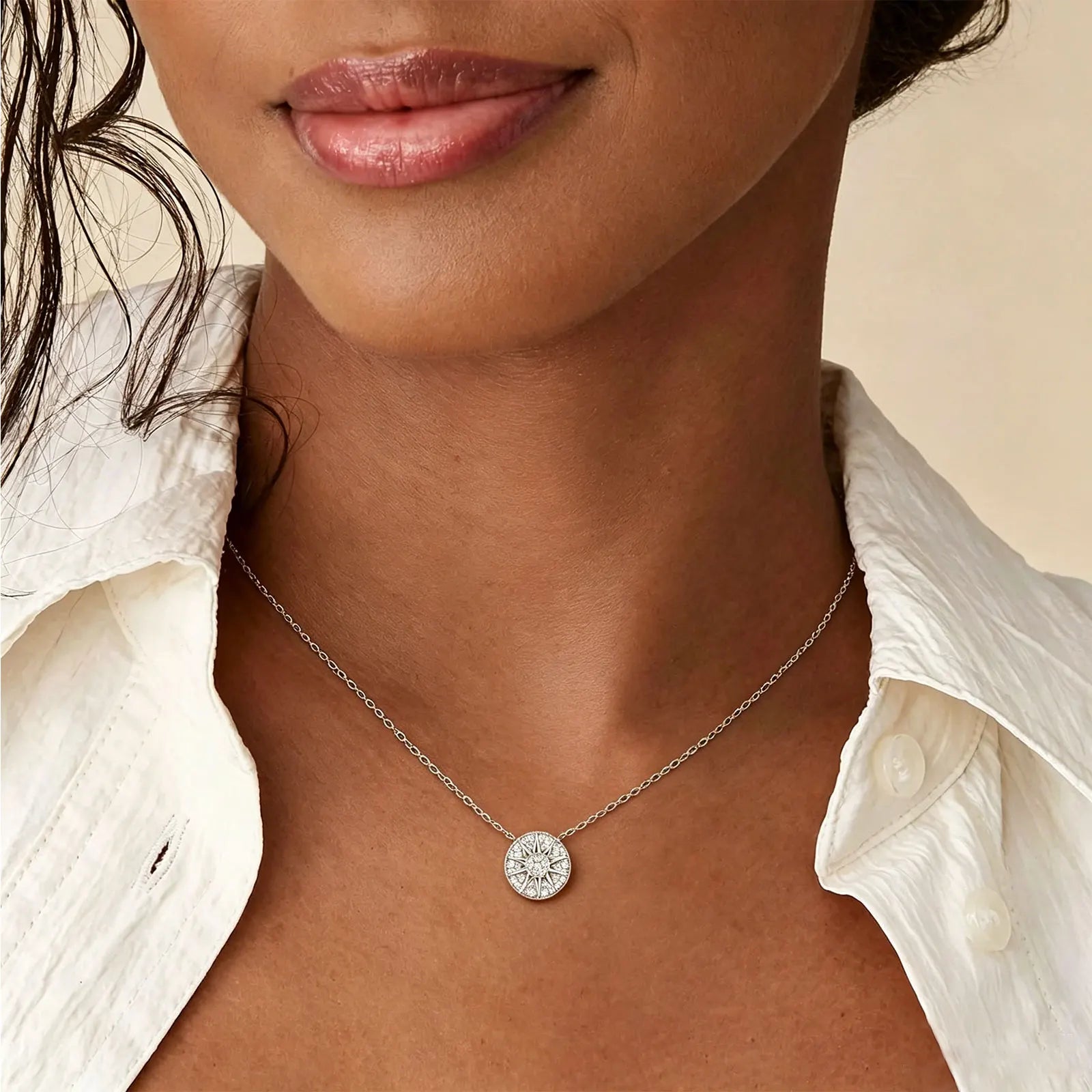 Newshe Solid 925 Sterling Silver Moissanite Sunburst Pendant Necklace 14K Gold Plated Dainty Chain for Women Jewelry Gift