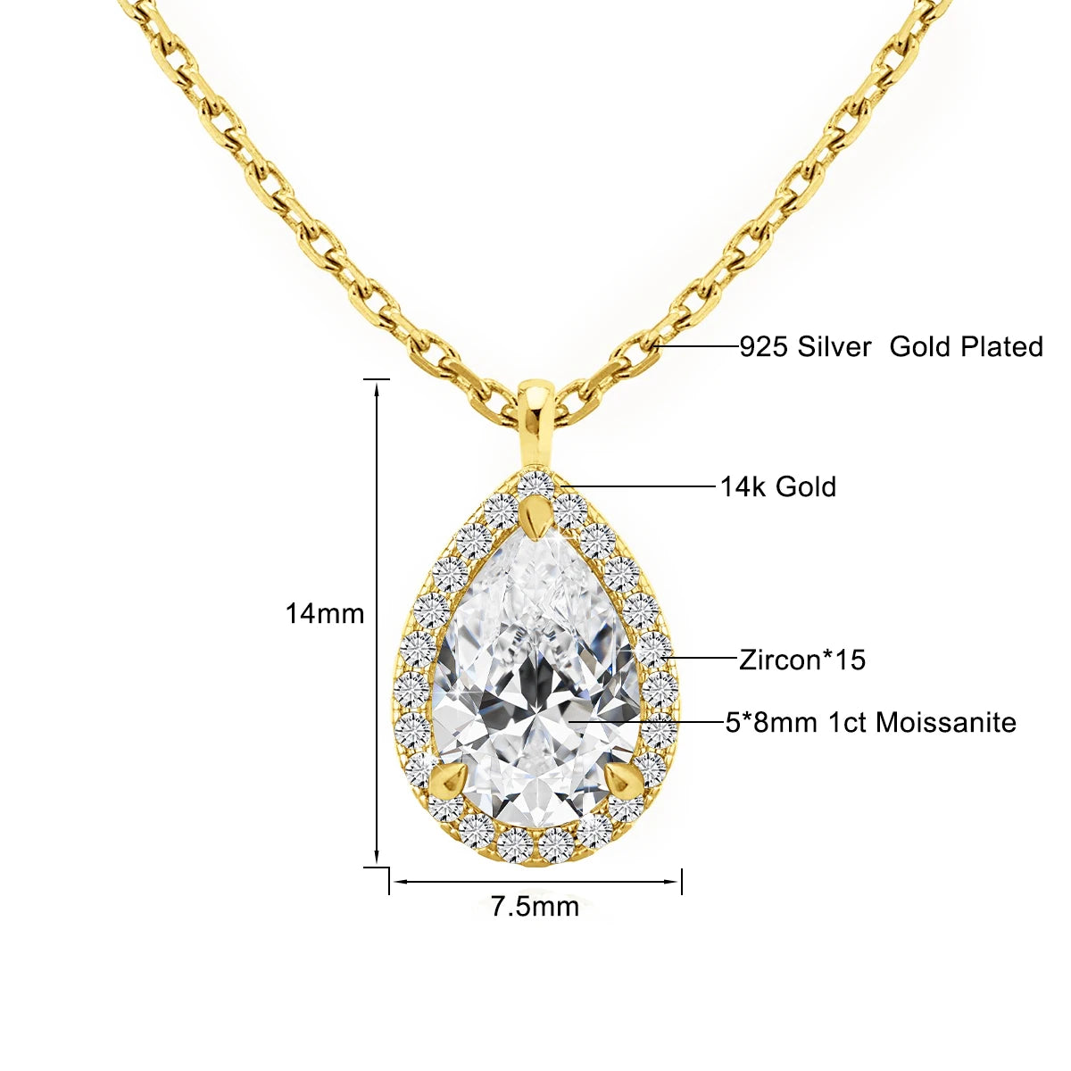 VIXONNA 14K Gold Halo Pear Cut Moissanite Necklace - 1ct AU585 Vintage Pendant