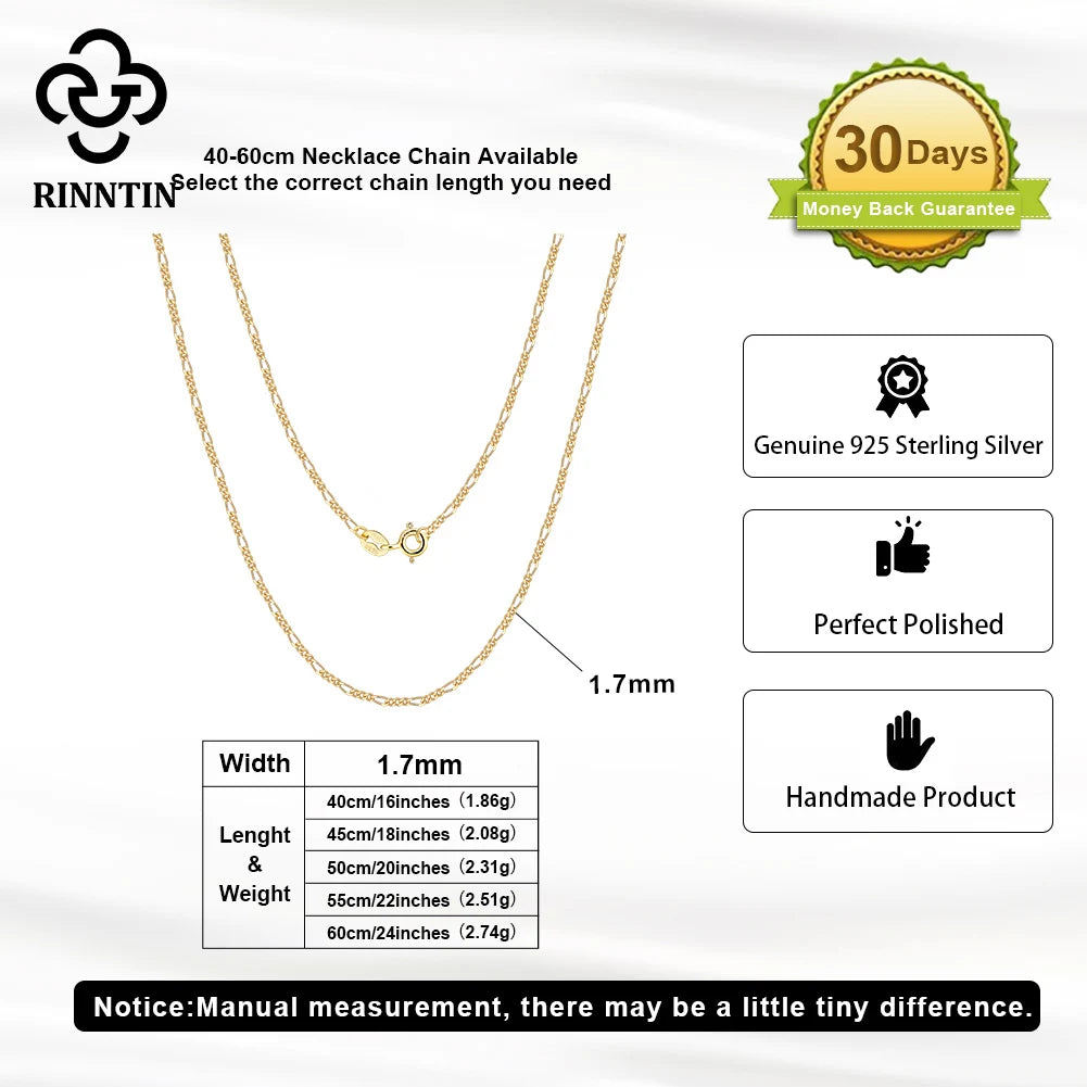 Rinntin Genuine Diamond-Cut 1.7mm Figaro Link Chain Necklace 925 Sterling Silver Simple Dainty Neck Chain Jewelry SC27