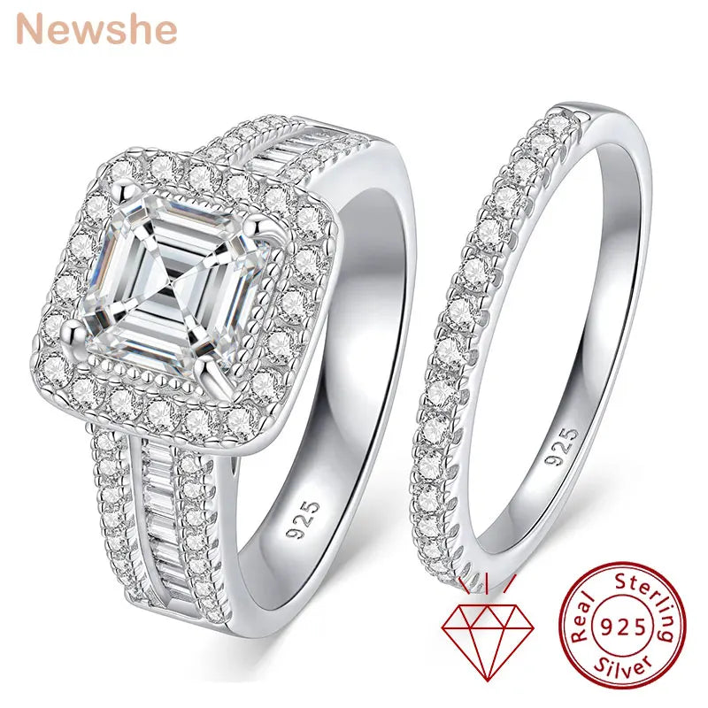 Newshe Women's GRA Certified Moissanite Ring Set 6.5mm Emerald Asscher Cut 2 Pcs 925 Silver Bridal Wedding Rings