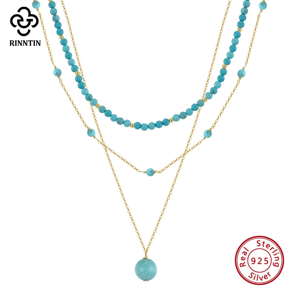 Rinntin 925 Sterling Silver Boho Layered Choker Necklace with Natural Turquoise for Women Summer Sexy Jewelry Accessorry BQN33