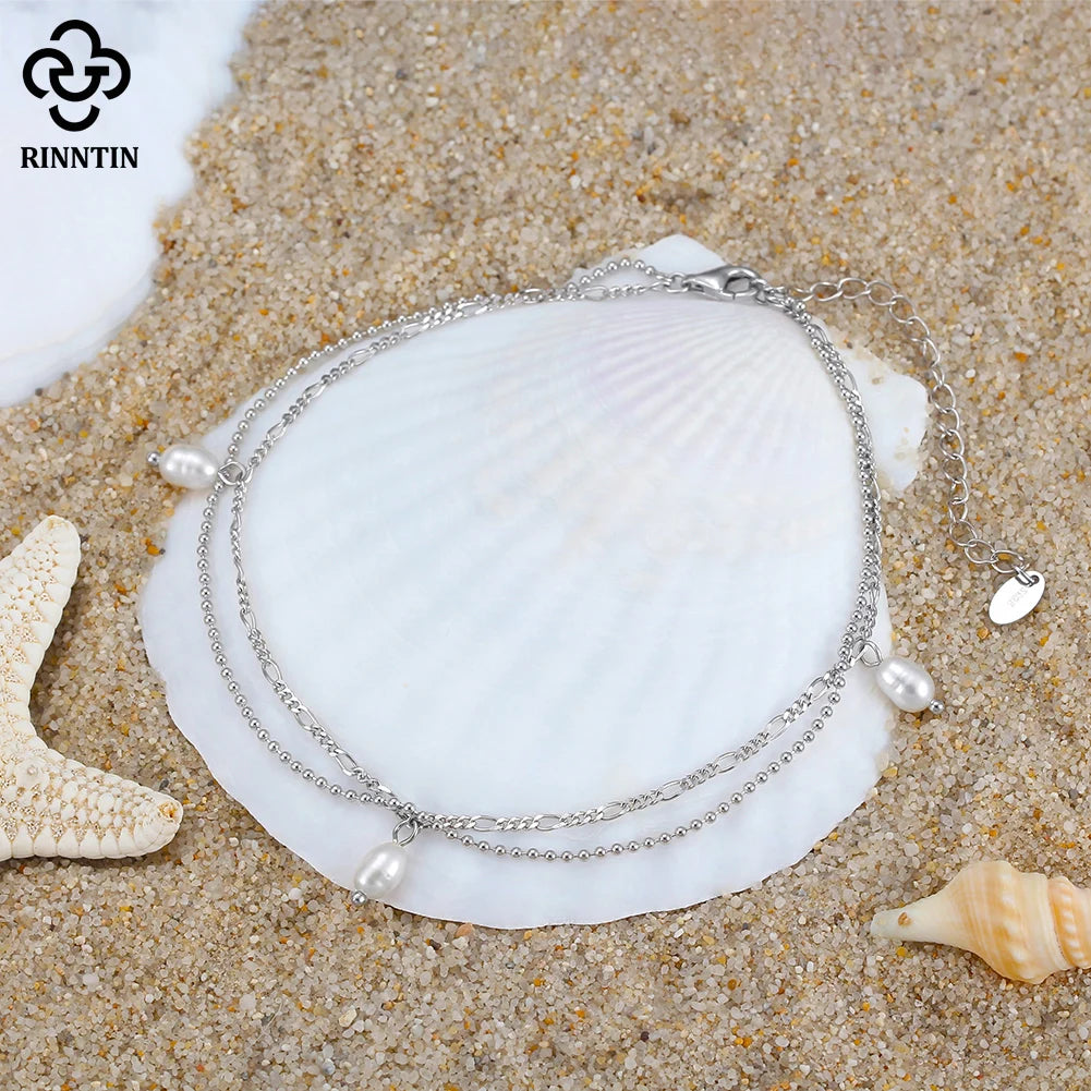 Rinntin 925 Sterling Silver Layered Ball Chain&Figaro Chain Anklet for Women Summer Fashion Ankle Chain Straps Jewelry SA41