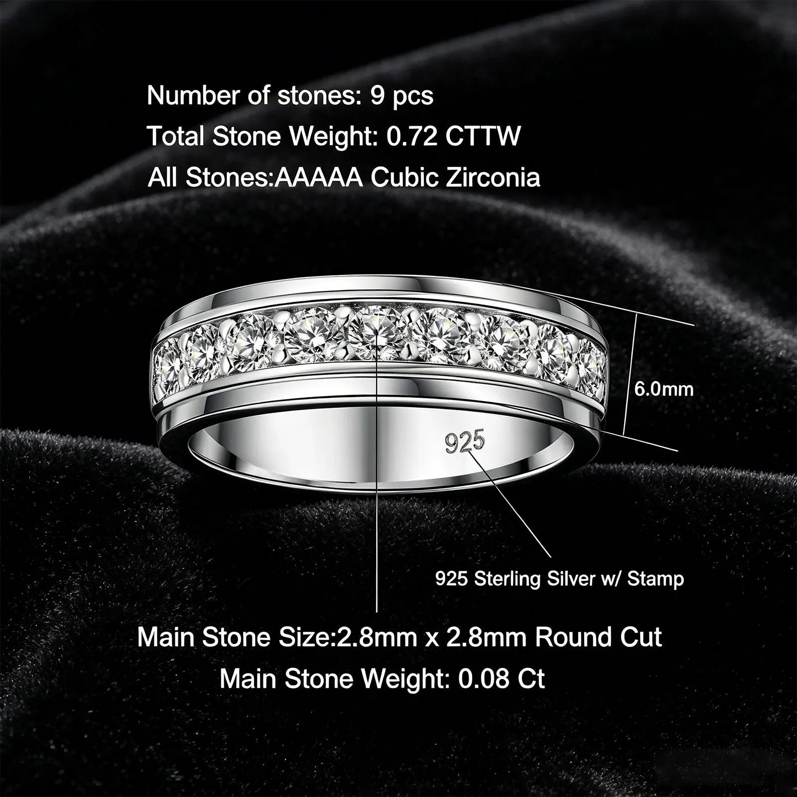 Newshe 925 Sterling Silver Wedding Rings for Men Brilliant Round AAAAA Cubic Zircon Engagement Band Ring Fine Jewelry