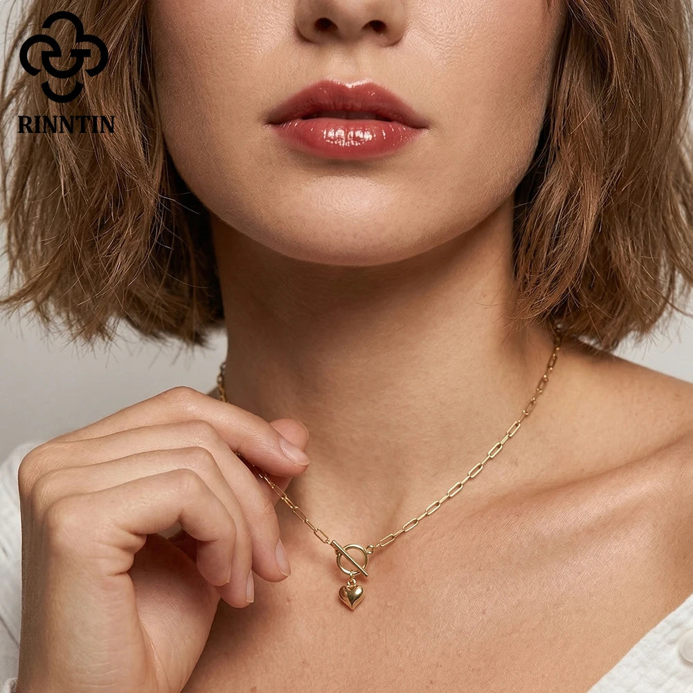 Rinntin 925 Sterling Silver 14K Gold Heart Pendant Necklace for Women Elegant Fine Jewelry Necklace with OT Toggle Clasp SC97