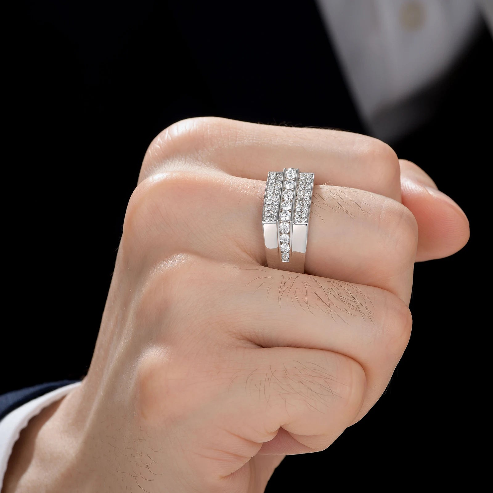 Newshe GRA Certified Full Moissanite Rings for Men Designed Wedding Band White Gold Plated Jewelry