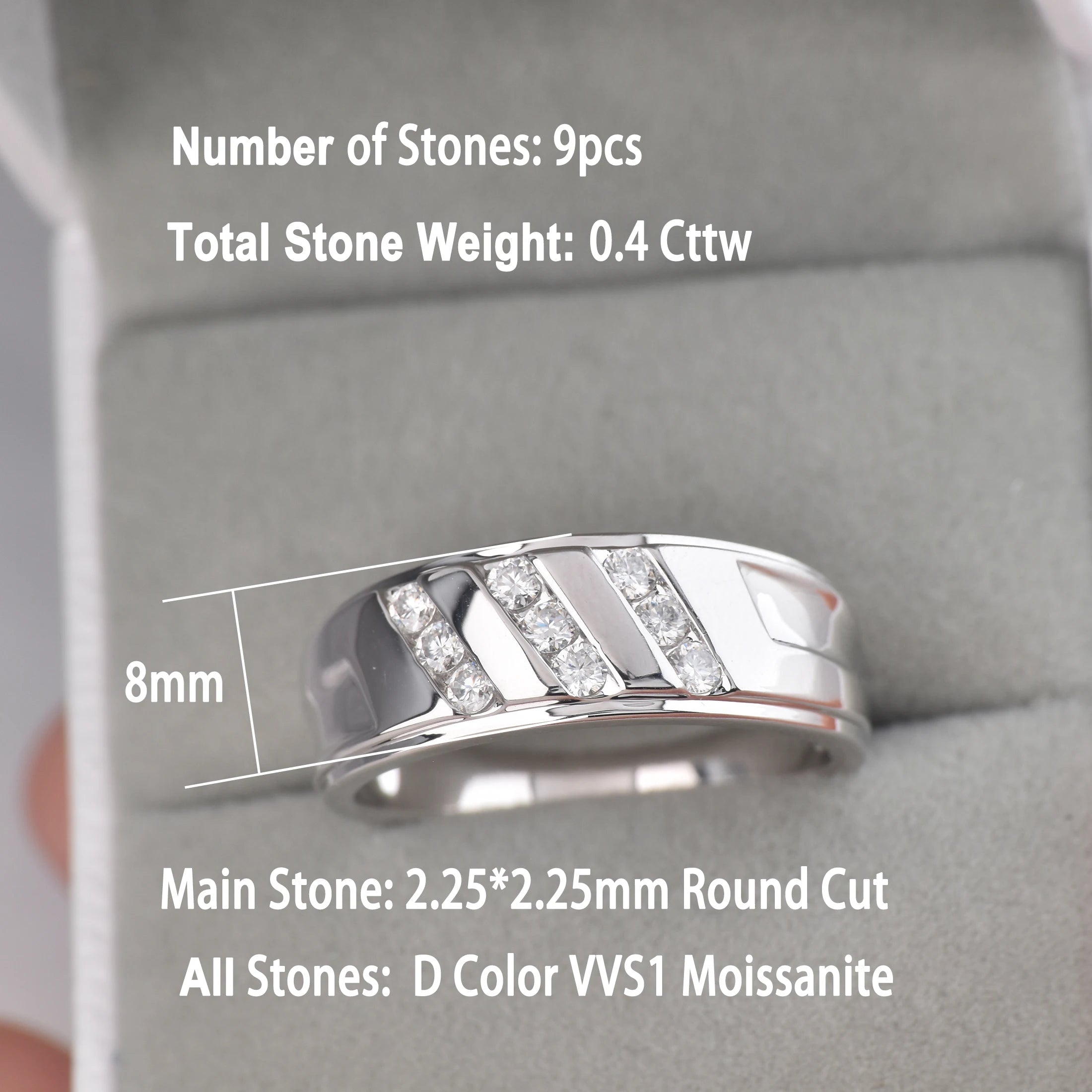 Newshe D Color VVS1 Certified Moissanite Ring for Men 8mm Wedding Band Premium White gold plated Designed Jewelry