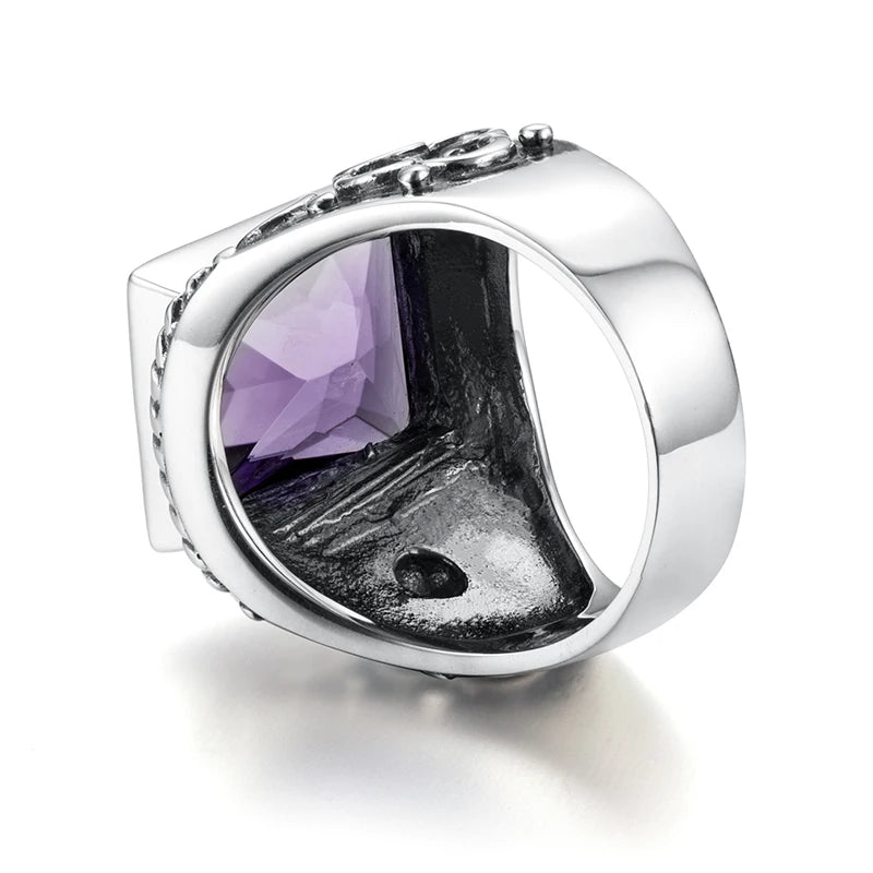 Massive 925 Sterling Silver Thick Men's Rings Amethyst Vintage Art Deco Revival Vintage Male Jewelry Party Gift For Husband