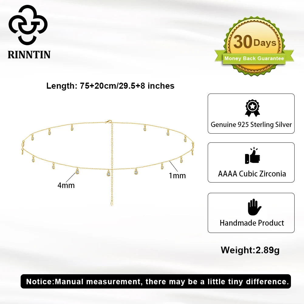 Rinntin Small Zirconia Pendants Waist Chain for Women Minimalist Sexy 925 Silver Link Chain Belly Chain Beach Jewelry CW01