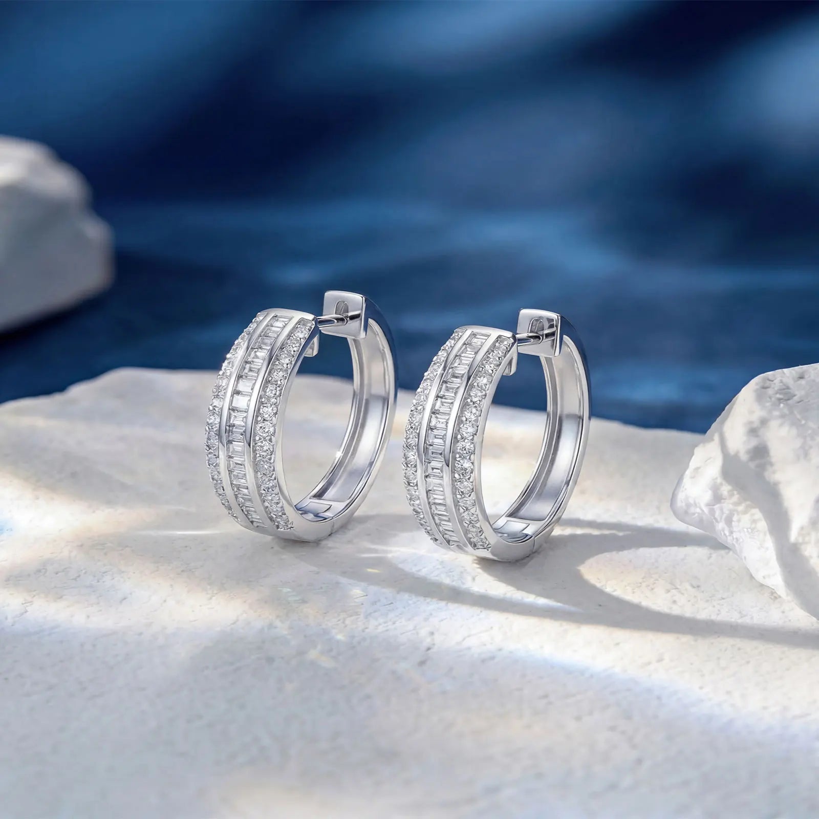 Newshe 925 Sterling Silver D-Color VVS1 Moissanite Hoop Earrings for Women Emerald Cut Pave Wedding Jewelry Gift