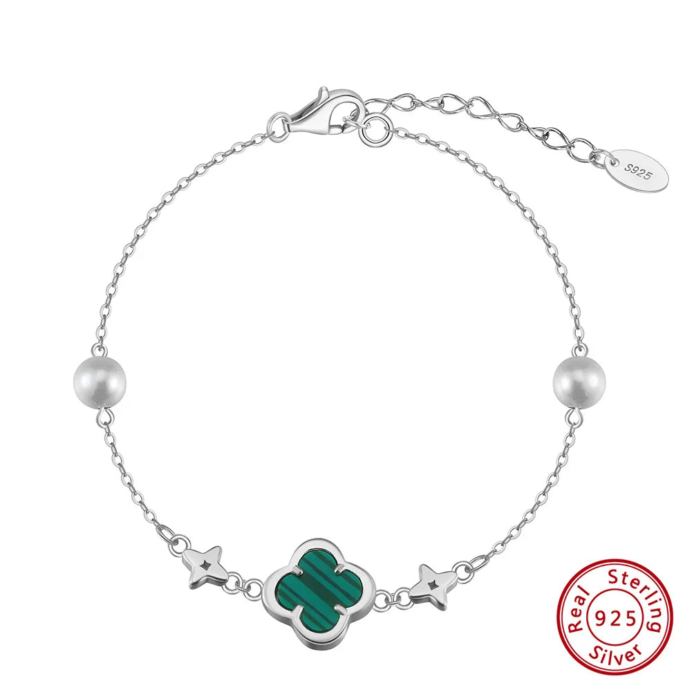 Rinntin 925 Sterling Silver Shell 14K Gold Four Leaf Clover Bracelet Waterproof Flower Bracelets Jewelry for Women Girls Gift