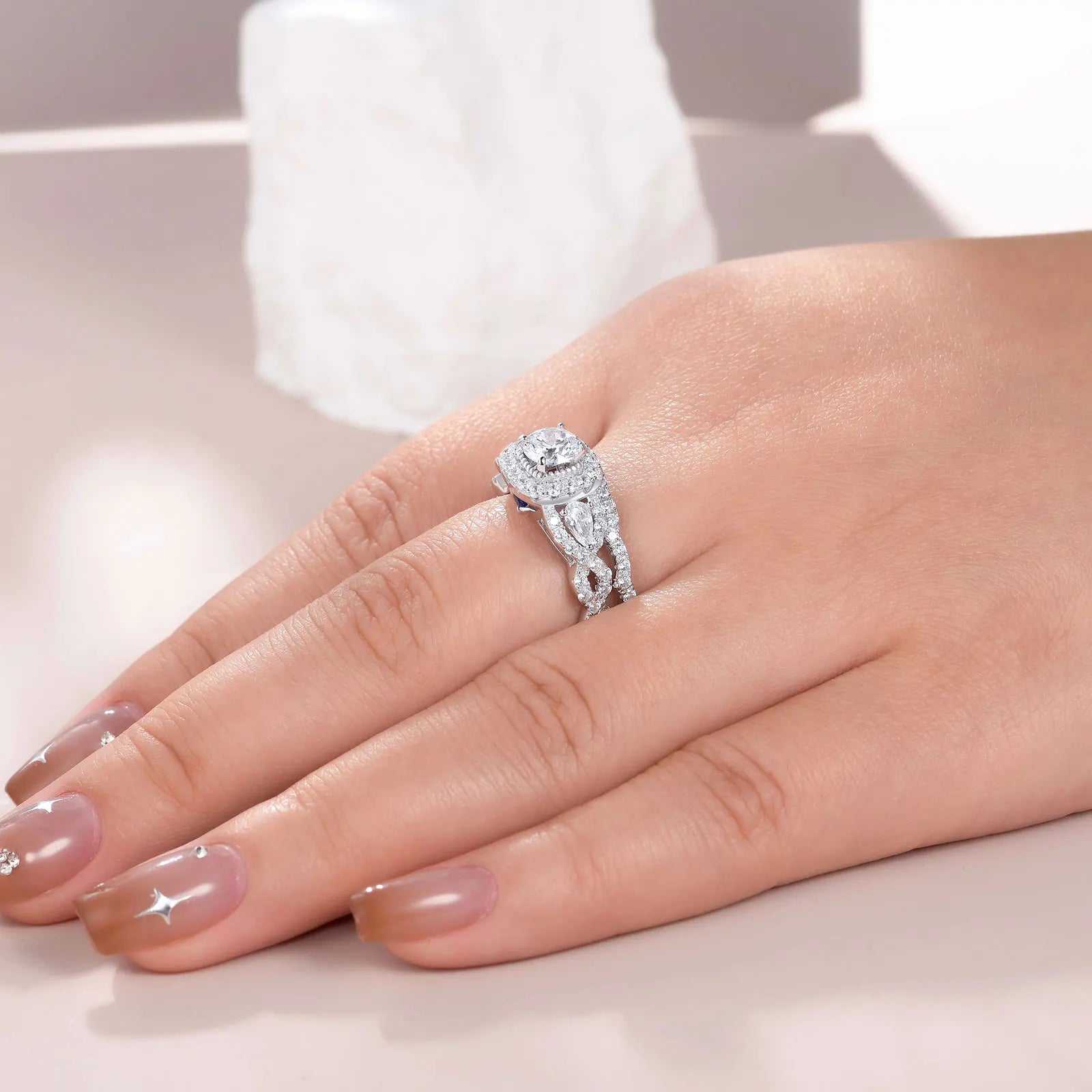 Newshe 2 Pcs Wedding Rings Set for Women 925 Sterling Silver 2.4Ct Round Pear White Cz Luxury Original Engagement Jewelry