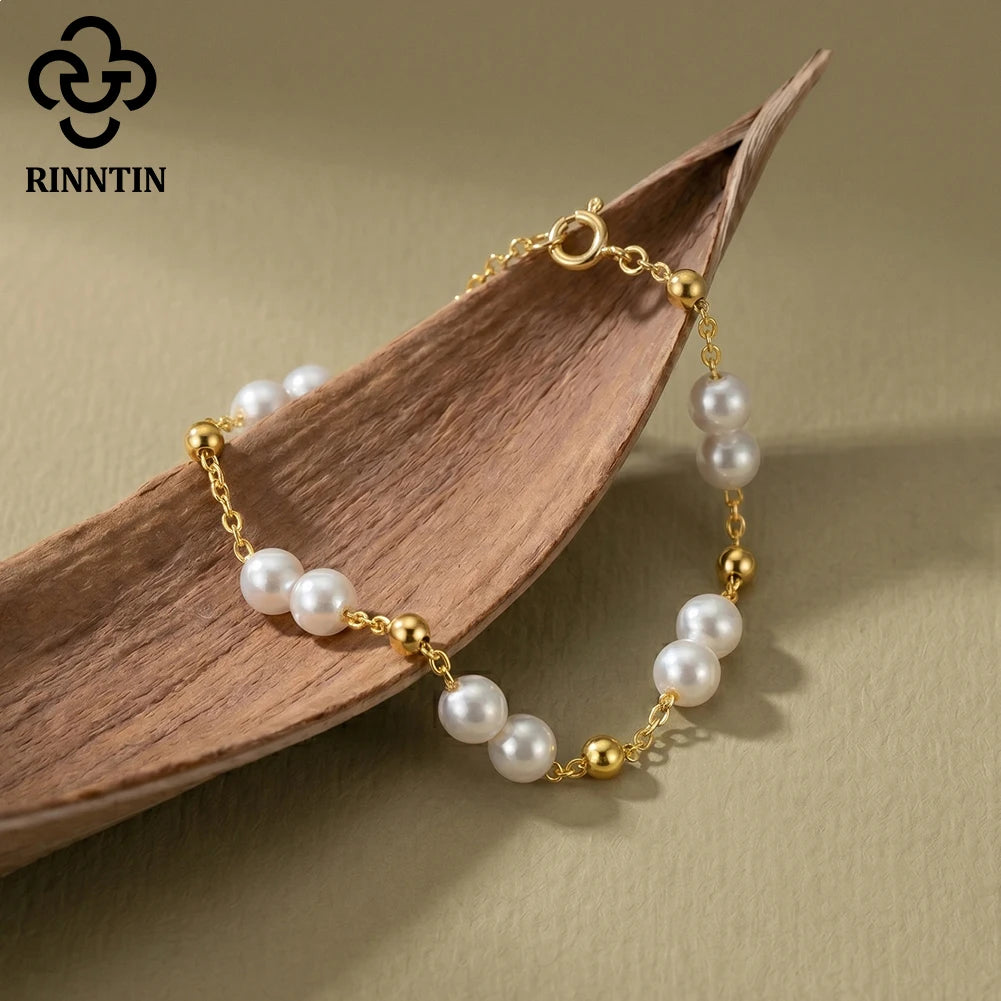 Rinntin Rerto 14K Gold 925 Sterling Silver Pearls Chain Bracelet Pearl Beads Bracelet on Hand Female Party Jewelry GPB40