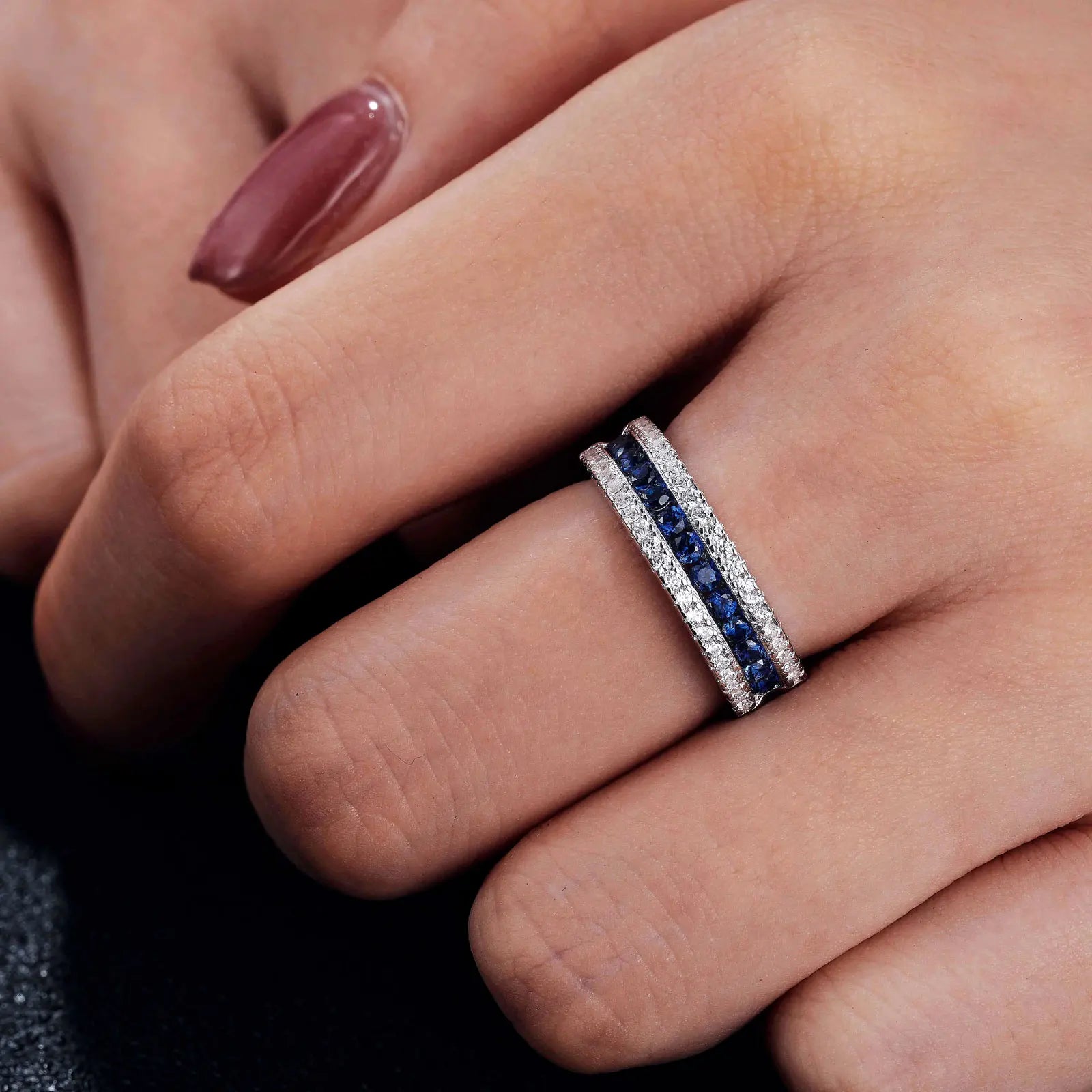 Newshe White and Blue Created Sapphire Rings for Women Half Eternity Wedding Band Cubic Zircon Party Ring