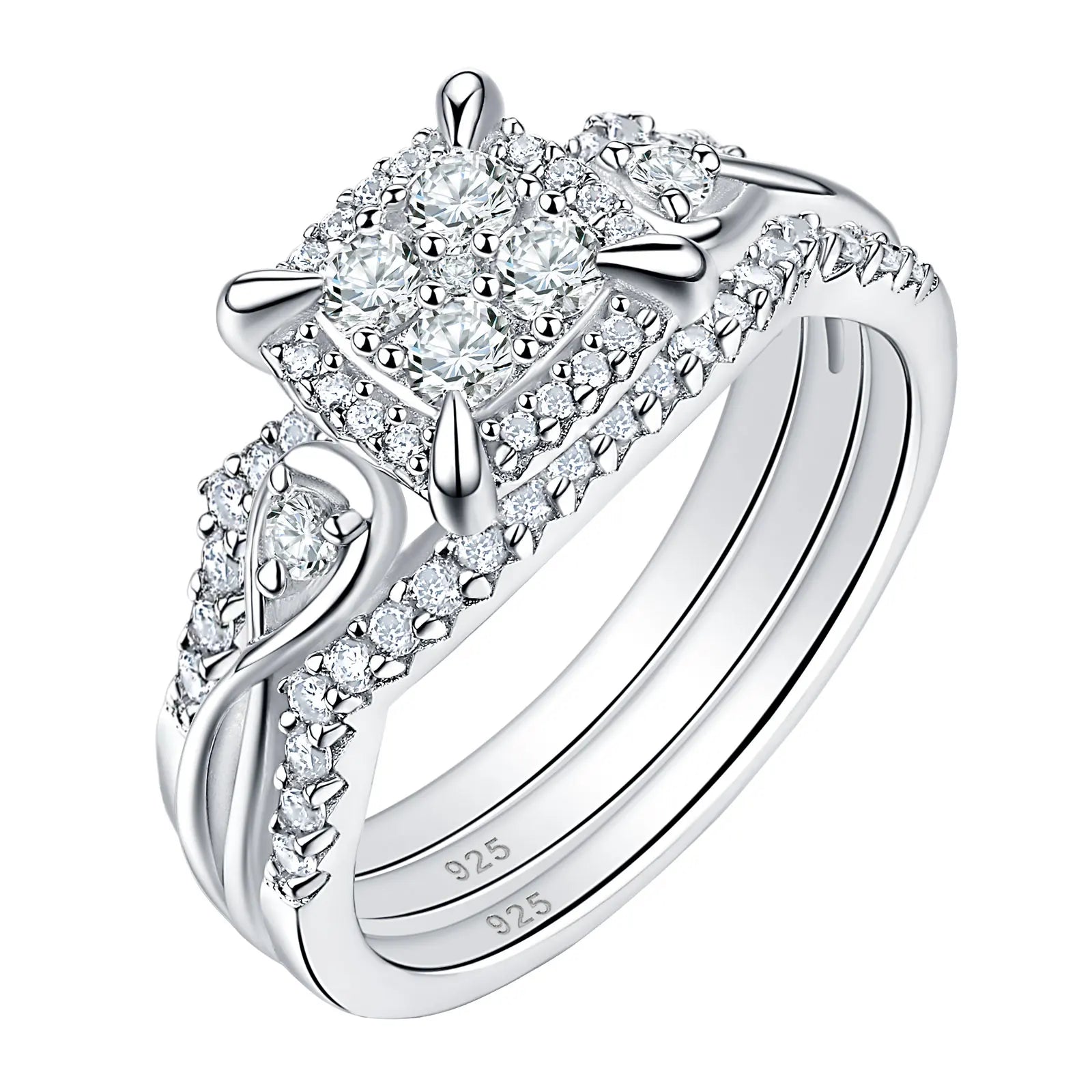 Newshe 2pcs / 3pcs Bridal Rings Set for Women Solid 925 Sterling Silver Engagement Ring Wedding Bands Halo Round Cut 5A Zircons
