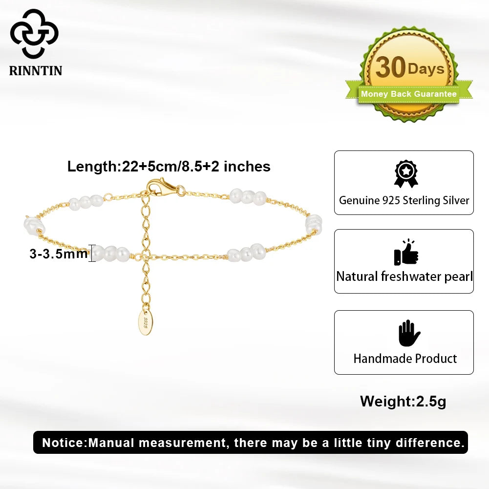 Rinntin 925 Sterling Silver Natural Pearls Anklets for Women Girls Fashion Foot Bracelet Ankle Straps Pearls Summer Jewelry SA36