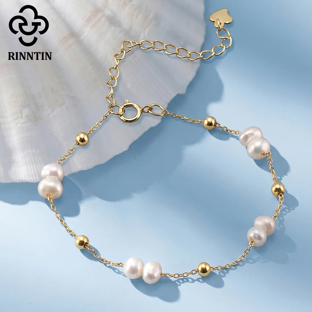 Rinntin Rerto 14K Gold 925 Sterling Silver Pearls Chain Bracelet Pearl Beads Bracelet on Hand Female Party Jewelry GPB40