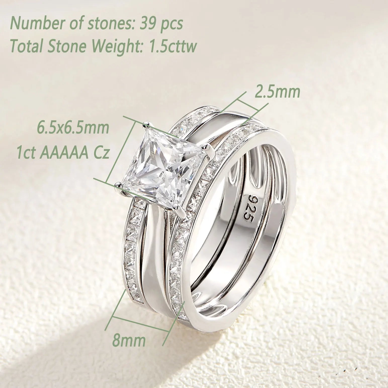 Newshe Solid 925 Sterling Silver Wedding Rings for Women Solitaire Princess Cut Engagement Ring Eternity AAAAA Zircon Guard Band